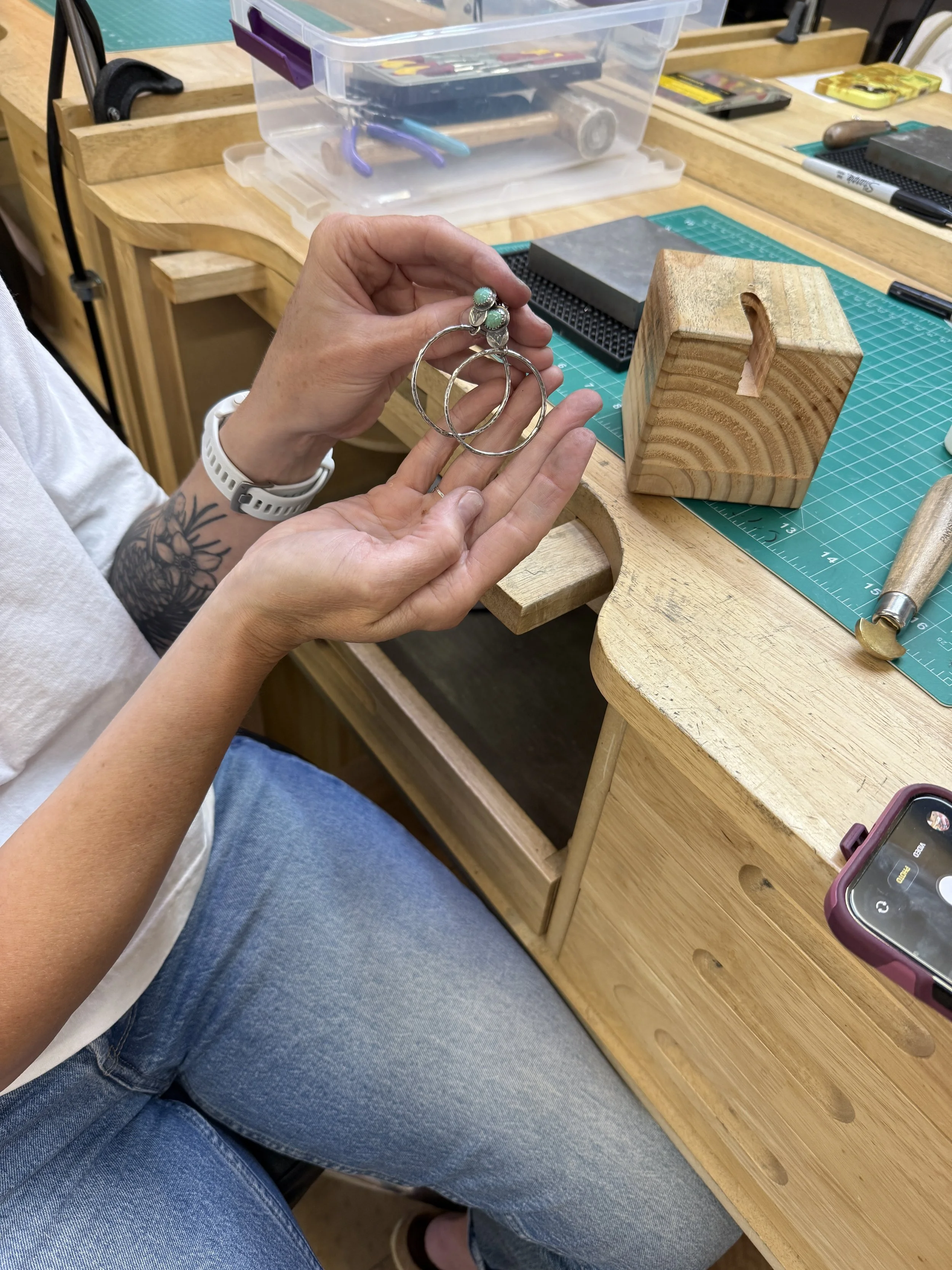 Sterling silver hoops shaped in a Jewelry Making Class in Albuquerque