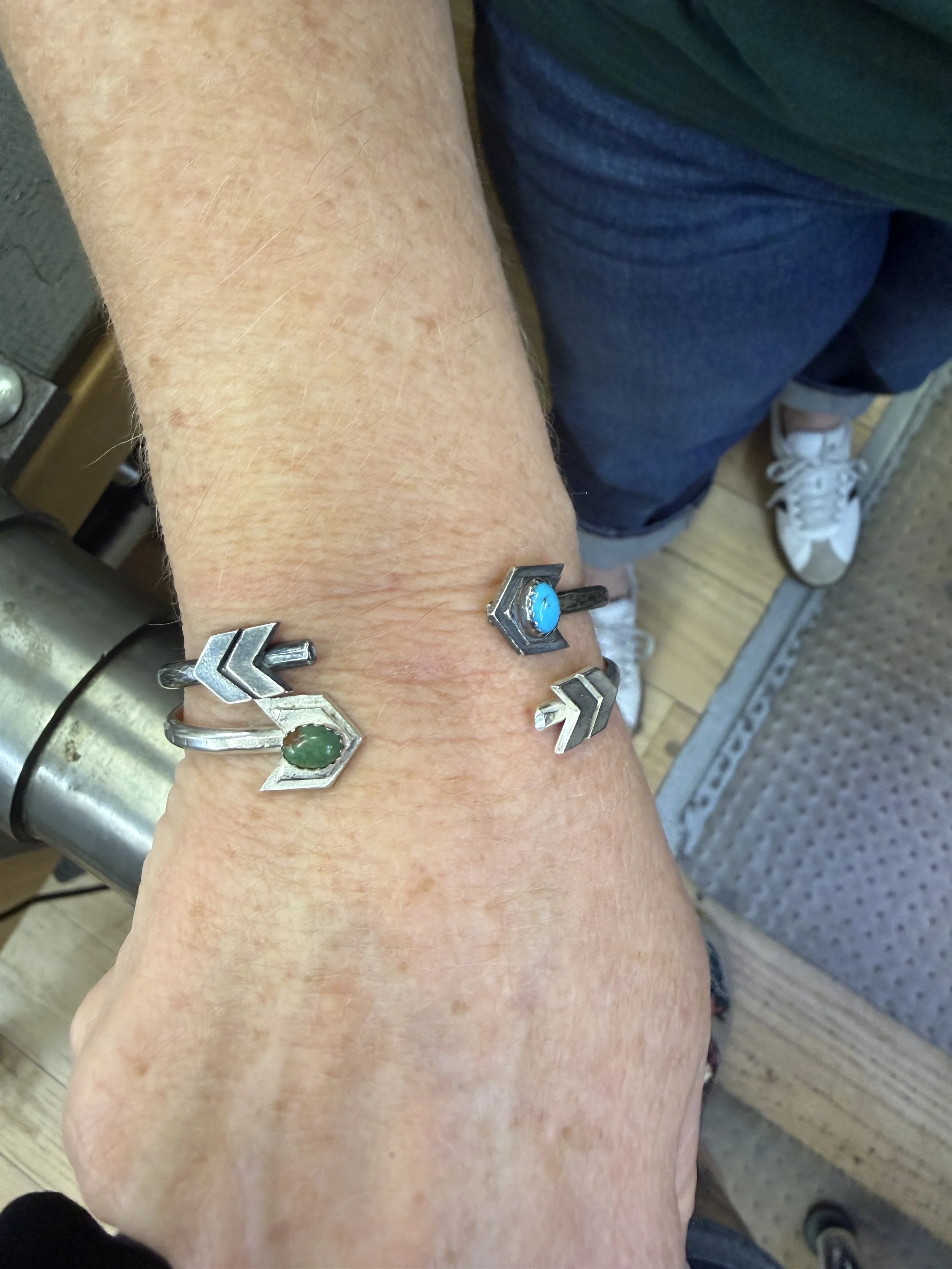 Finished Arrow Cuff Bracelet with turquoise on the wrist