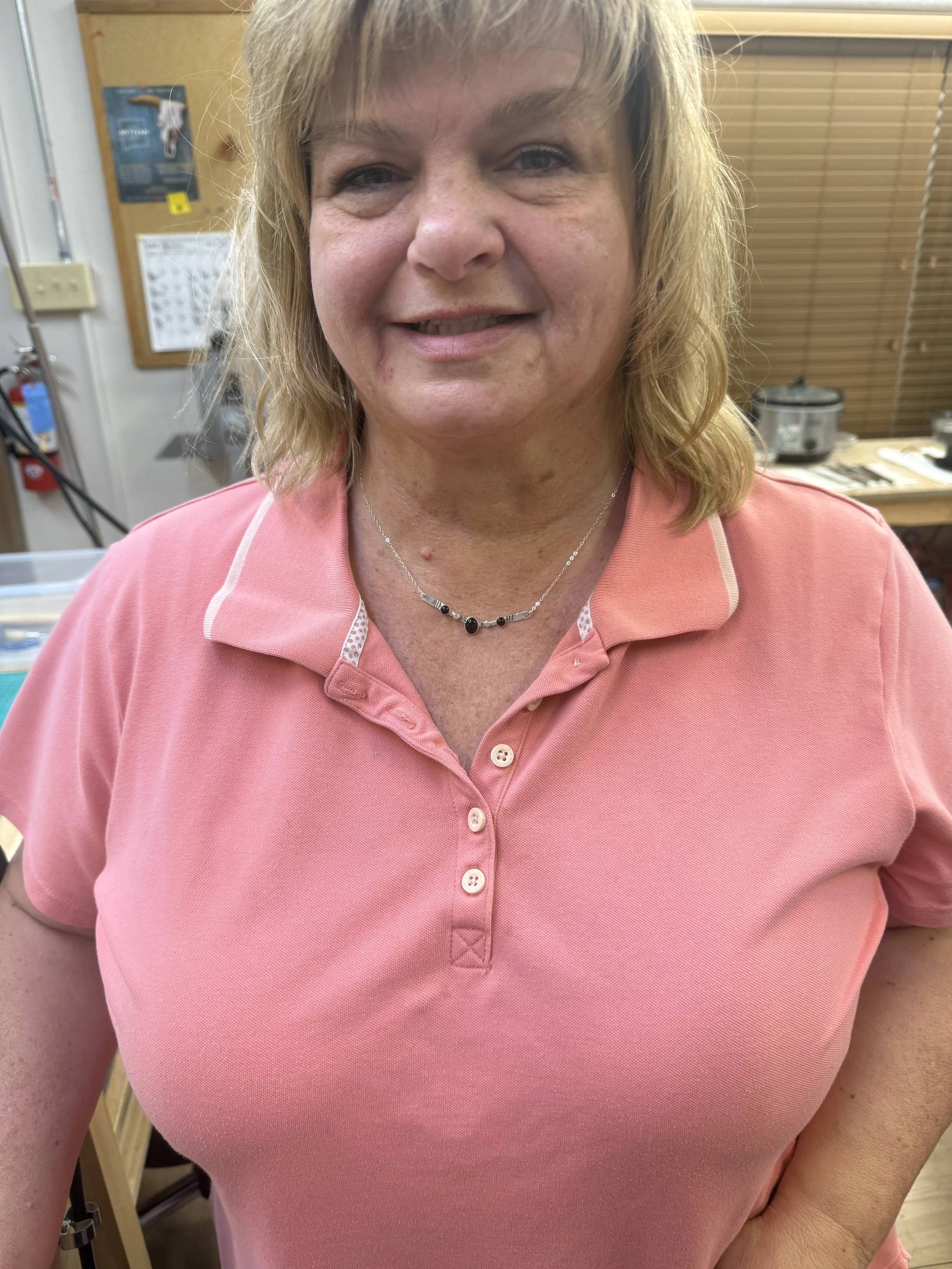 Student wearing her finished Desert Arc Necklace