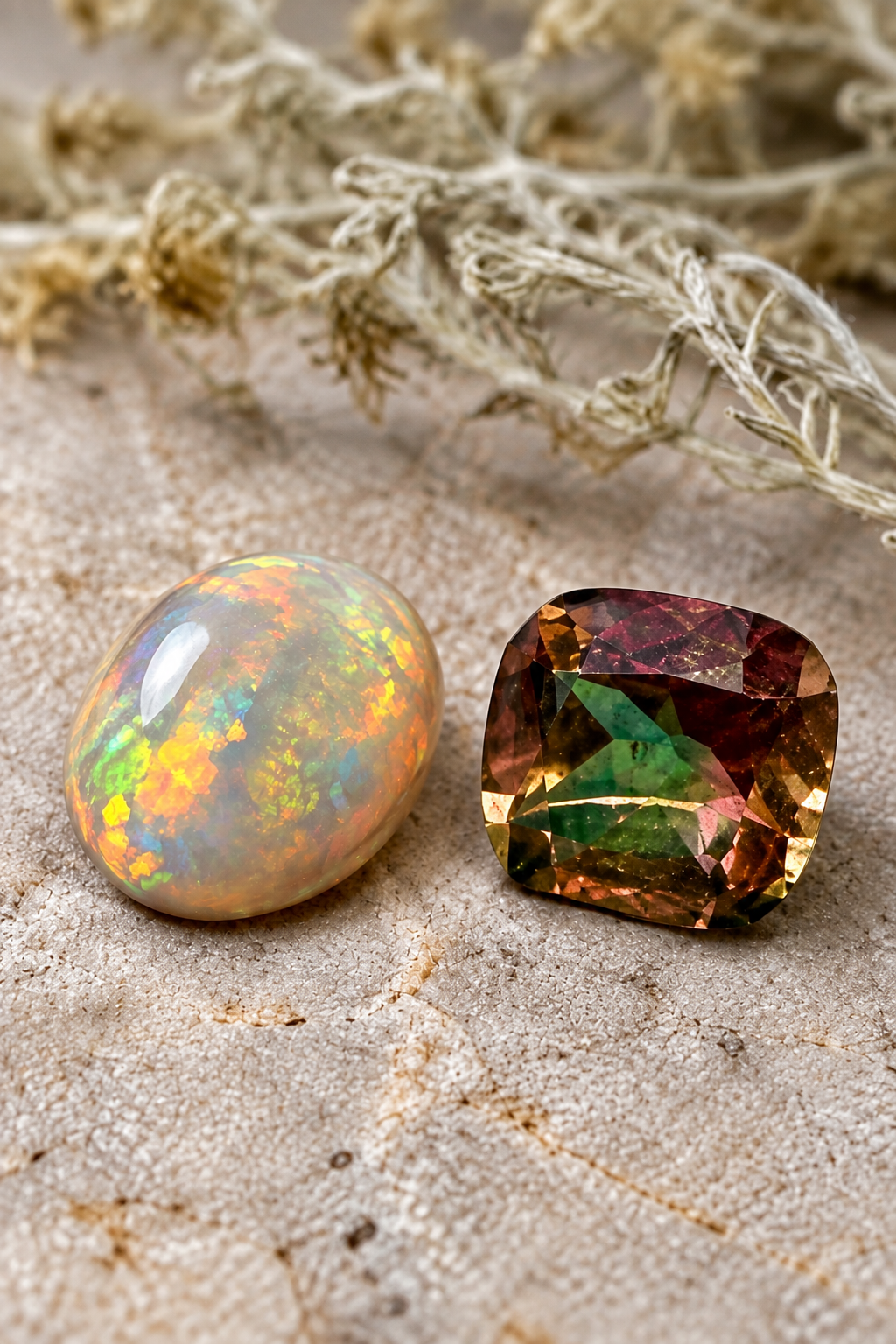 Opal and tourmaline gemstones displayed side by side.