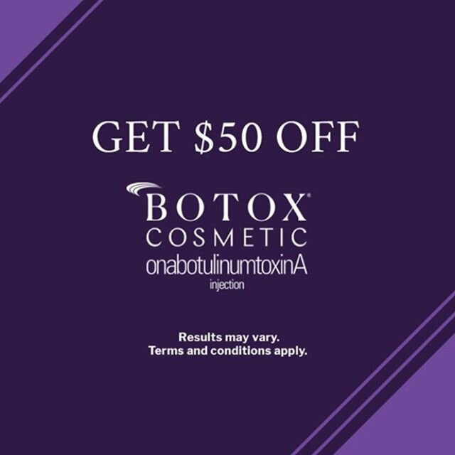 Own your look! Get $50 off a BOTOX&reg; Cosmetic (onabotulinumtoxinA) treatment. ⠀
⠀
#botoxcosmetic #BotoxCosmeticOffer #botox #botoxinjections #foreheadlines #crowsfeet #frownlines #excessivesweating #hyperhidrosis #wrinkles #finelines #angrylines #