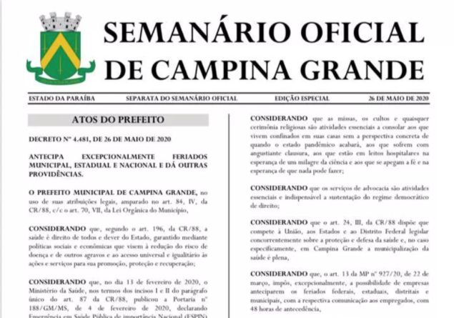Decreto que antecipa feriados em Campina Grande é publicado