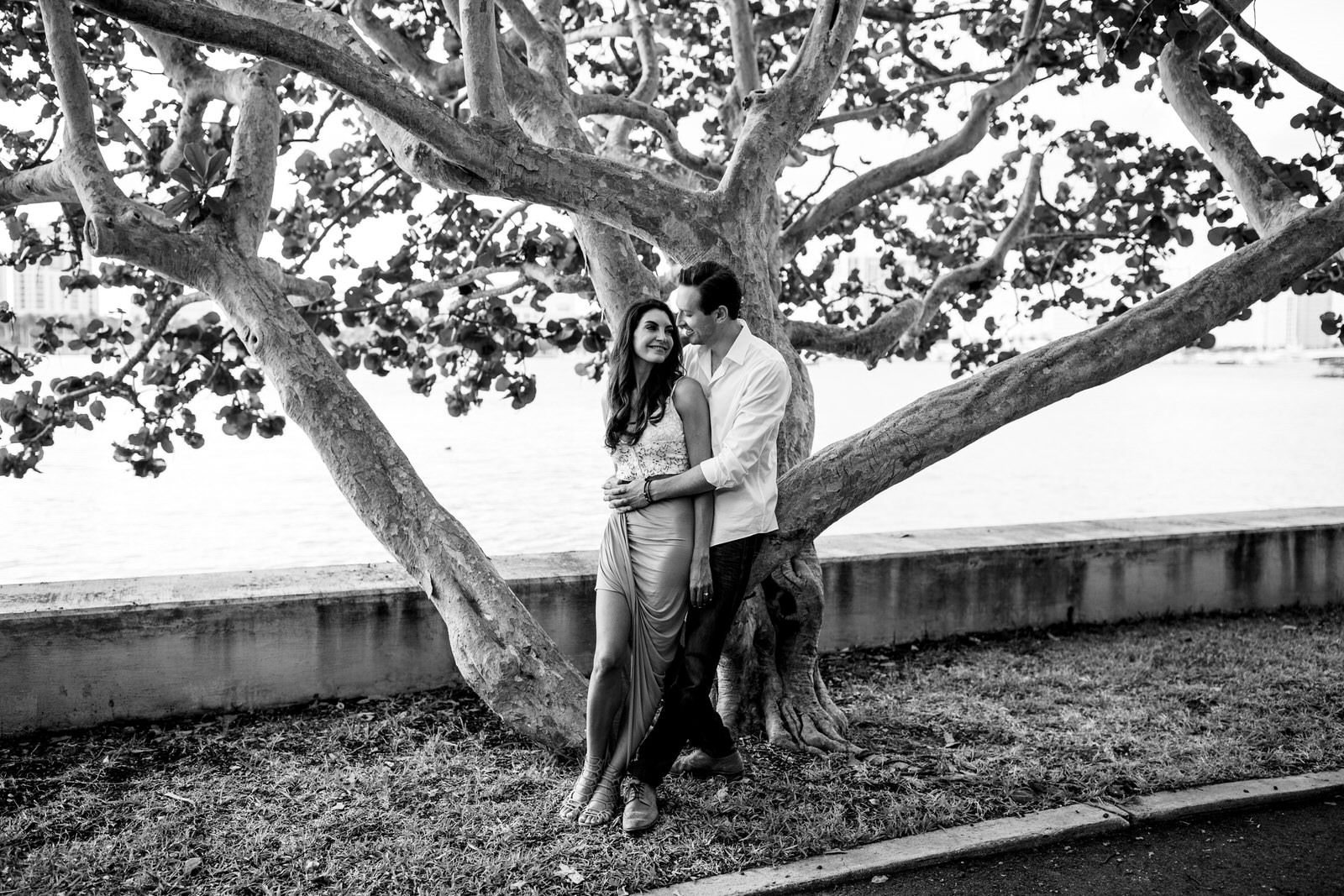 couple sitting in a tree black and white portrait west palm beach