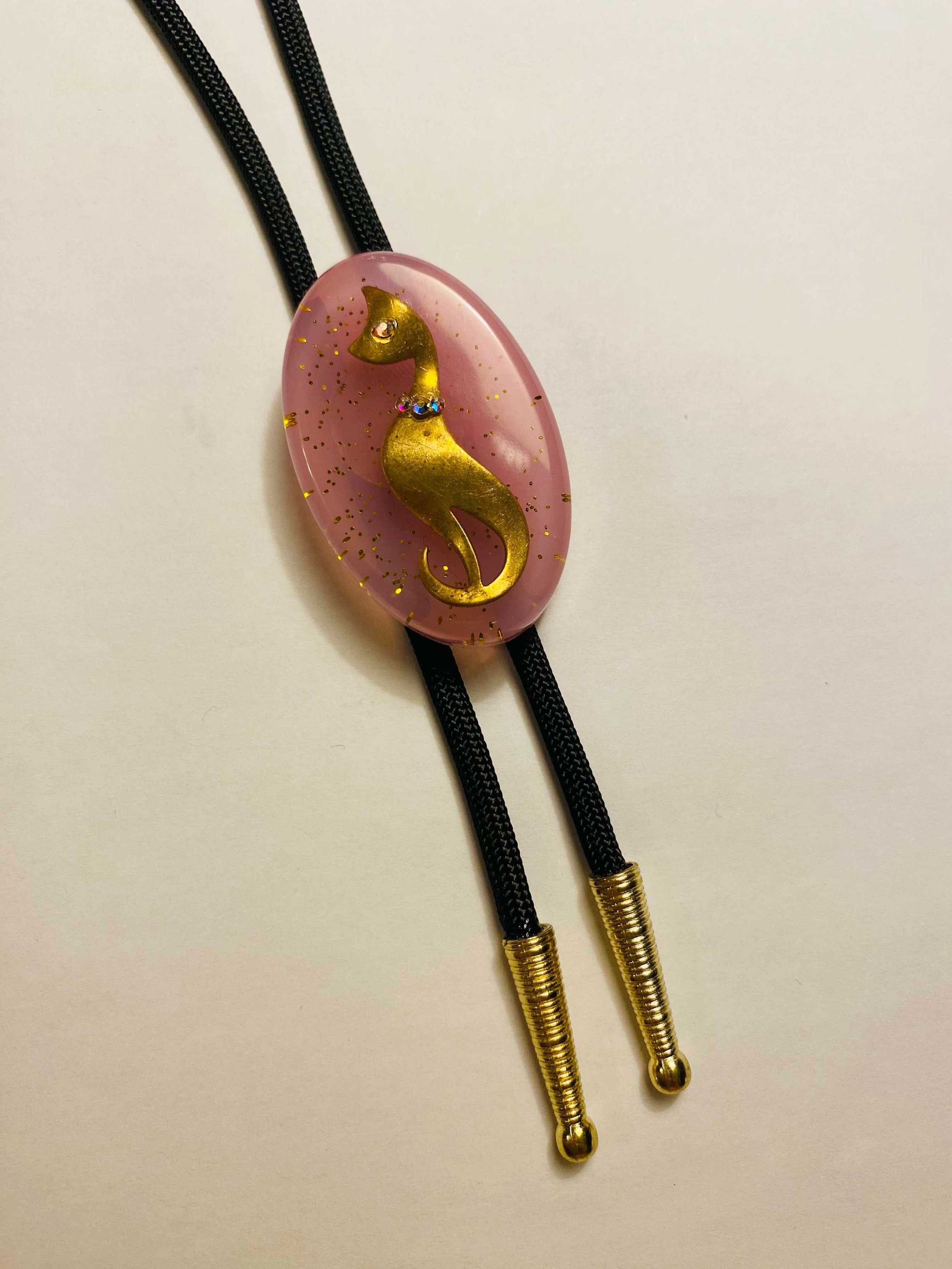 Gold Cat on Pink Sparkle Bolo Tie