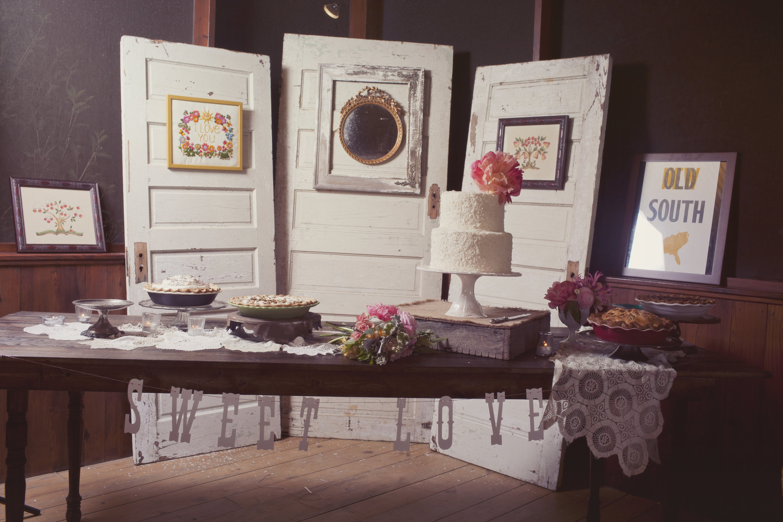 Dessert Bar with Vintage Doors | Simply Charming Socials | Atlanta Wedding Planner