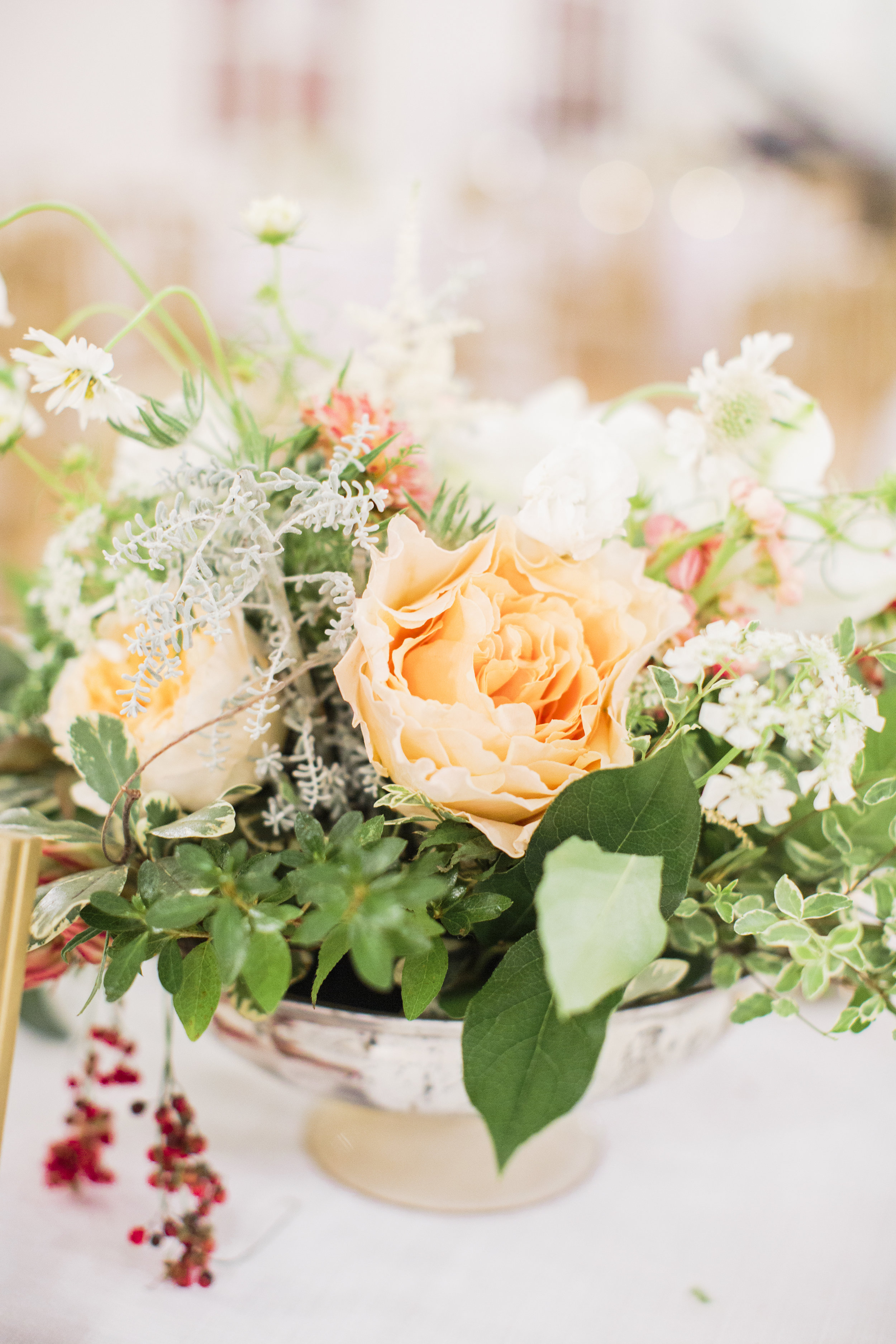 Peach, White, And Green Floral Centerpiece | Simply Charming Socials | Atlanta Wedding Planner