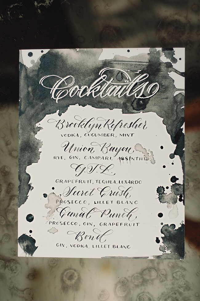 Black Watercolor and Calligraphy Cocktail Menu | Simply Charming Socials | Atlanta Wedding Planner