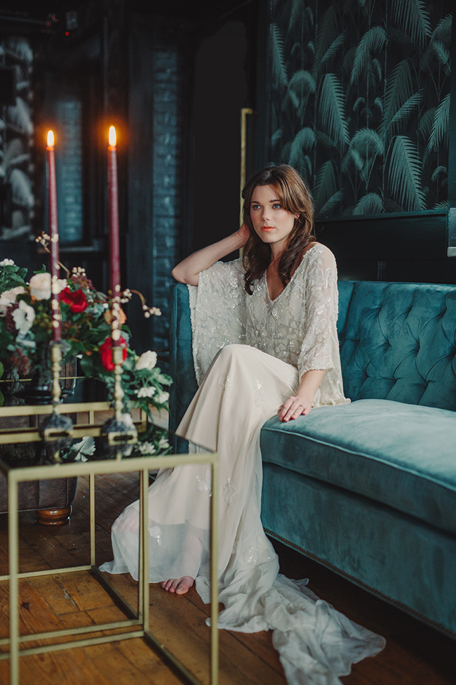 Moody Indoor Bridal Portraits on Velvet Lounge | Simply Charming Socials | Atlanta Wedding Planner