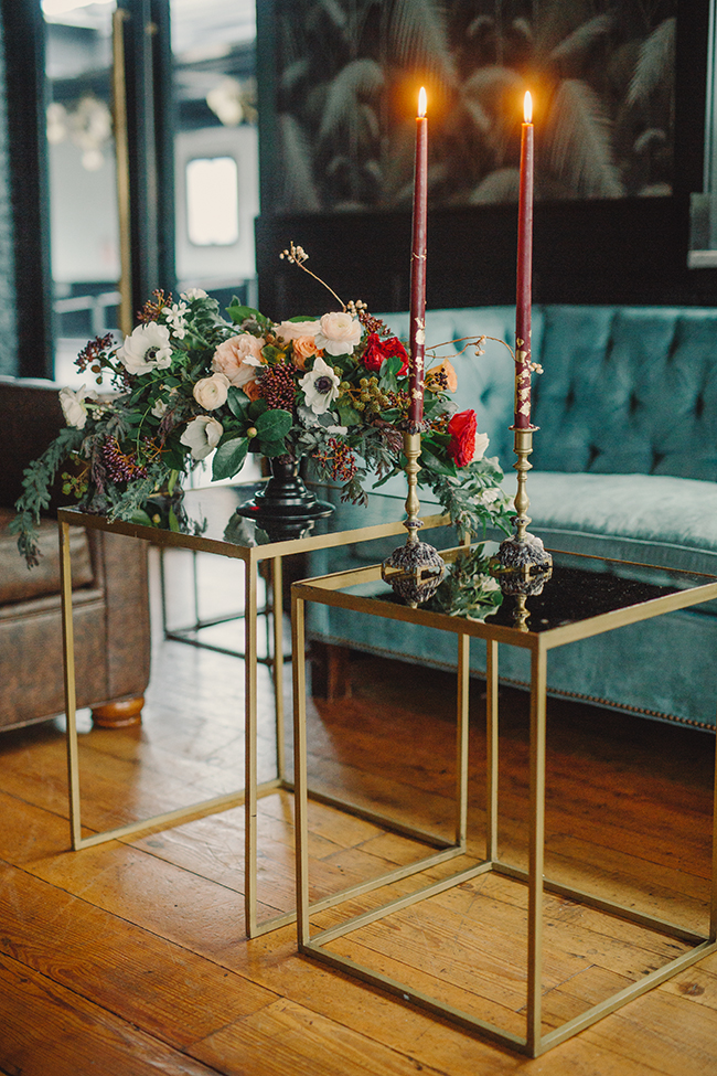 Deep Red Taper Candles and Brass Candlesticks | Simply Charming Socials | Atlanta Wedding Planner