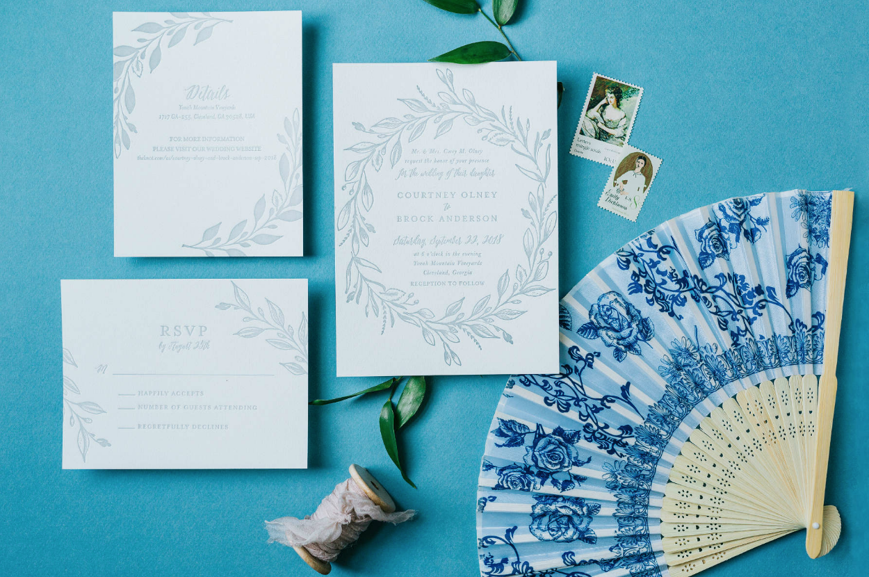 Dusty Blue &amp; White Wedding Invitations | Simply Charming Socials | Atlanta Wedding Planner