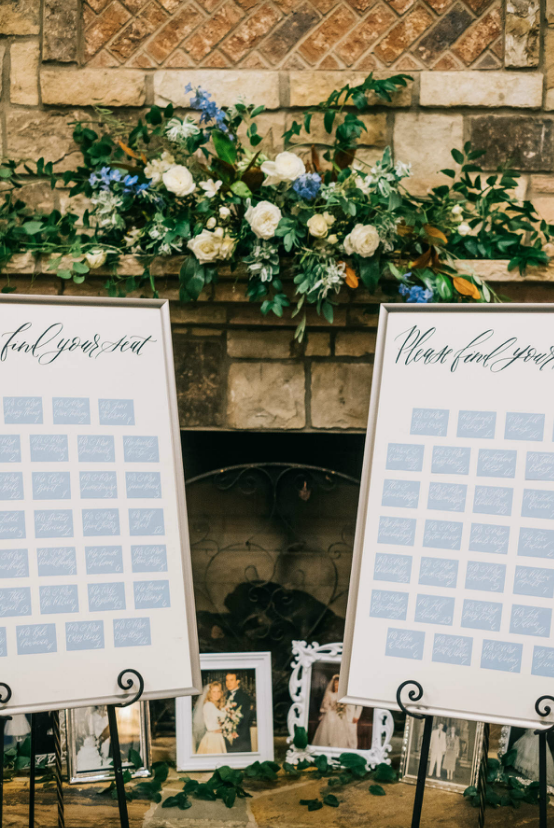 Dusty Blue &amp; White Calligraphy Seating Chart | Simply Charming Socials | Atlanta Wedding Planner