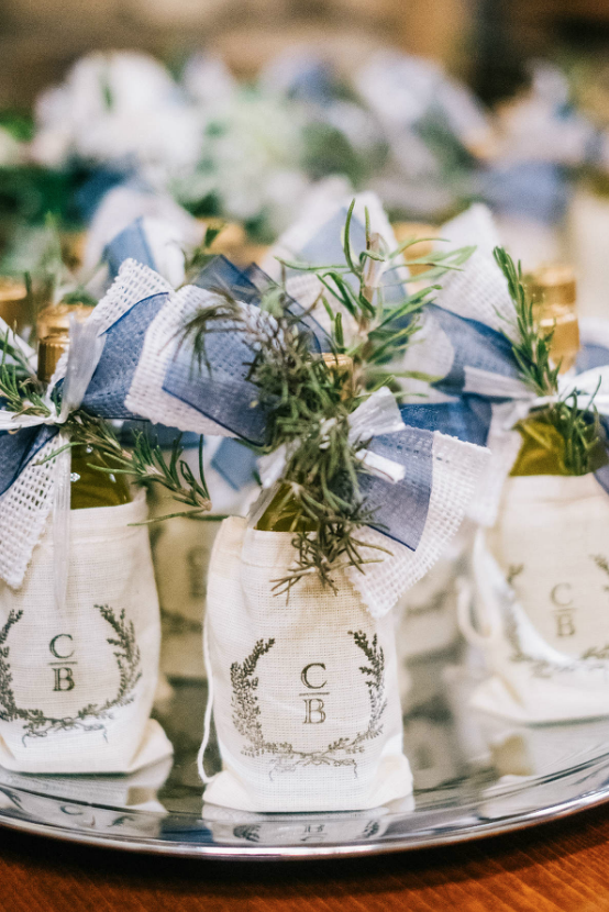 Olive Oil Wedding Favors in muslin bags | Simply Charming Socials | Atlanta Wedding Planner