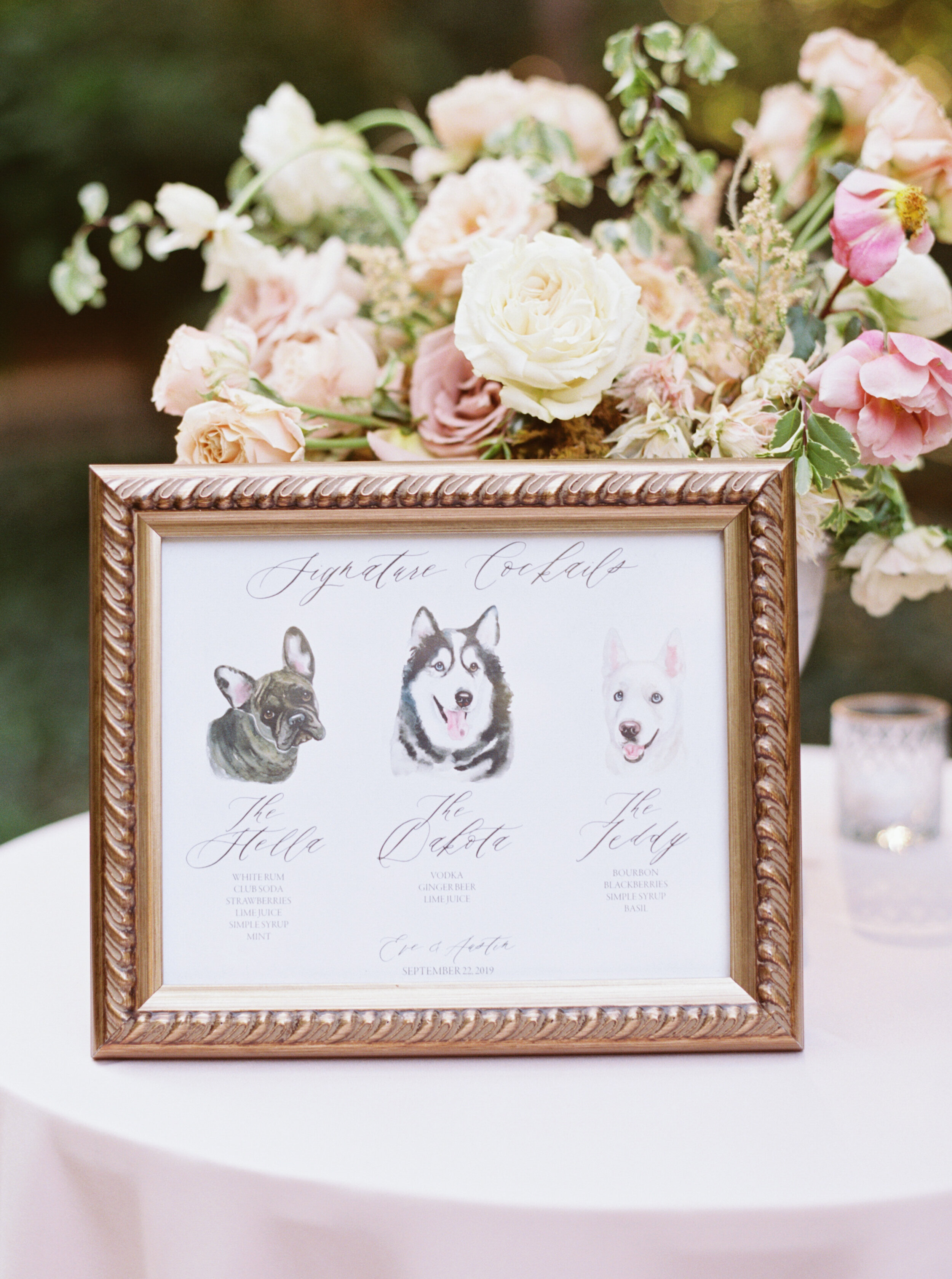 Signature Cocktail Illustrated Sign with Dogs | Simply Charming Socials | Atlanta Wedding Planner