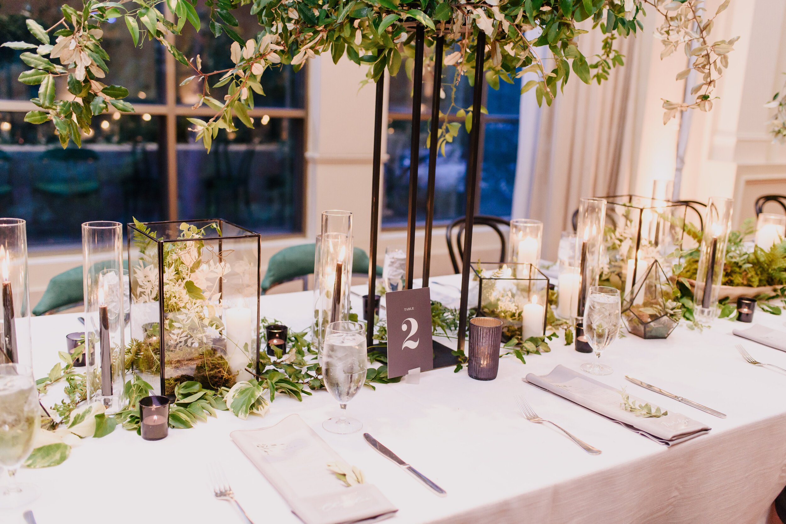 Modern Tablescape with Greenery Installations | Simply Charming Socials | Atlanta Wedding Planner