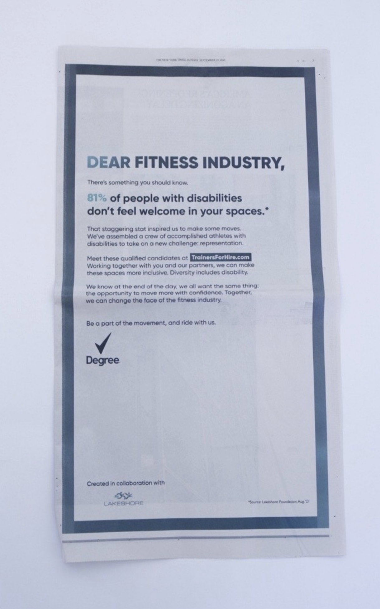 Degree - Open Letter To The Fitness Industry, published in NYT 9/19/21