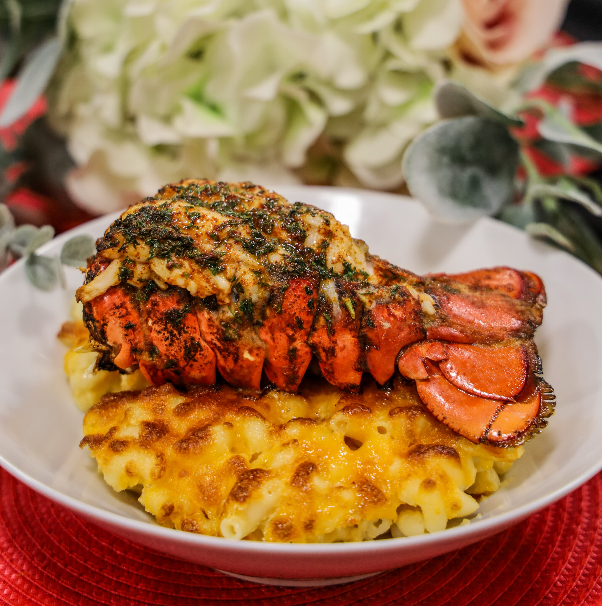 Baked Three Cheese Mac + Lobster Tail