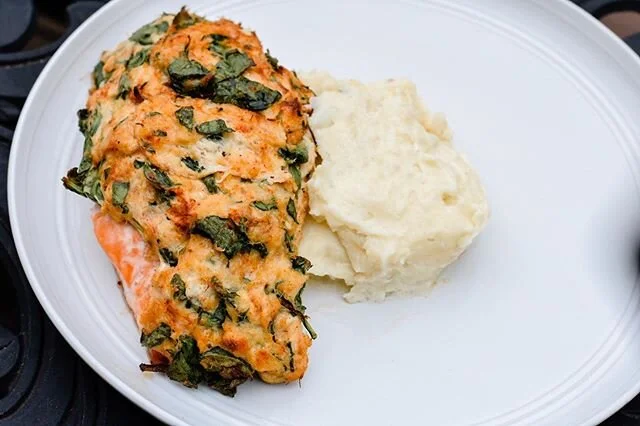 Crab Stuffed Salmon with Spinach &amp; Mashed Potatoes . We love making good food with simple ingredients