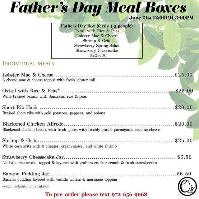 Father&rsquo;s Day is around the corner and we want to take the stress away from planning brunch/dinner! We&rsquo;re back with meal boxes  June 21st 12pm-3pm with some guest favorites and newcomers. To pre order please text 972-656-9068
⠀
➡️Now accep