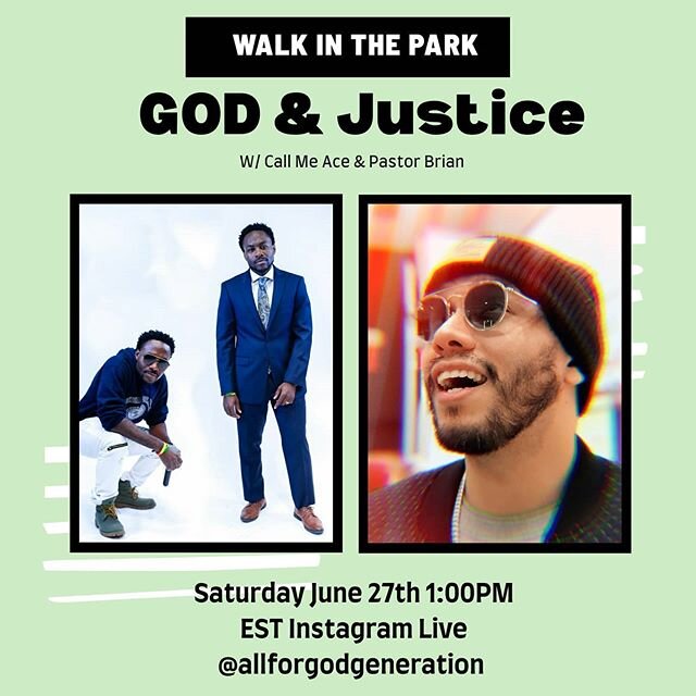 Come join our special guest @callmeacelegit and I for our 2nd✌🏽 Episode of Walk🚶🏾In The Park 🏞️....meet us virtually as we make this a East Coast 🌊 to West Coast 🌊 connection as we talk about God 🙌🏽 &amp; Justice ✊🏾#Youth #Power #Knowledge #