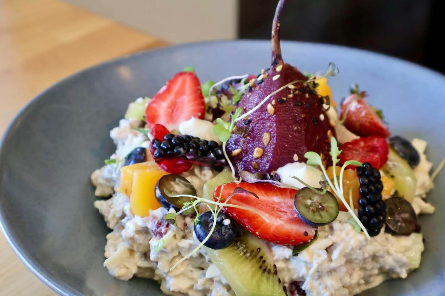 BIRCHER coconut, chia &amp; almond with blueberry &amp; lemon poached pear, honey labneh, pistacho, coconut &amp; maple dukkah.
.
.
.
.
#thelittlebanksia #bircher #perthfood #perthcafe #urbanlistperth #breakfastinpertg #perthfoodie #pertheats #veganb