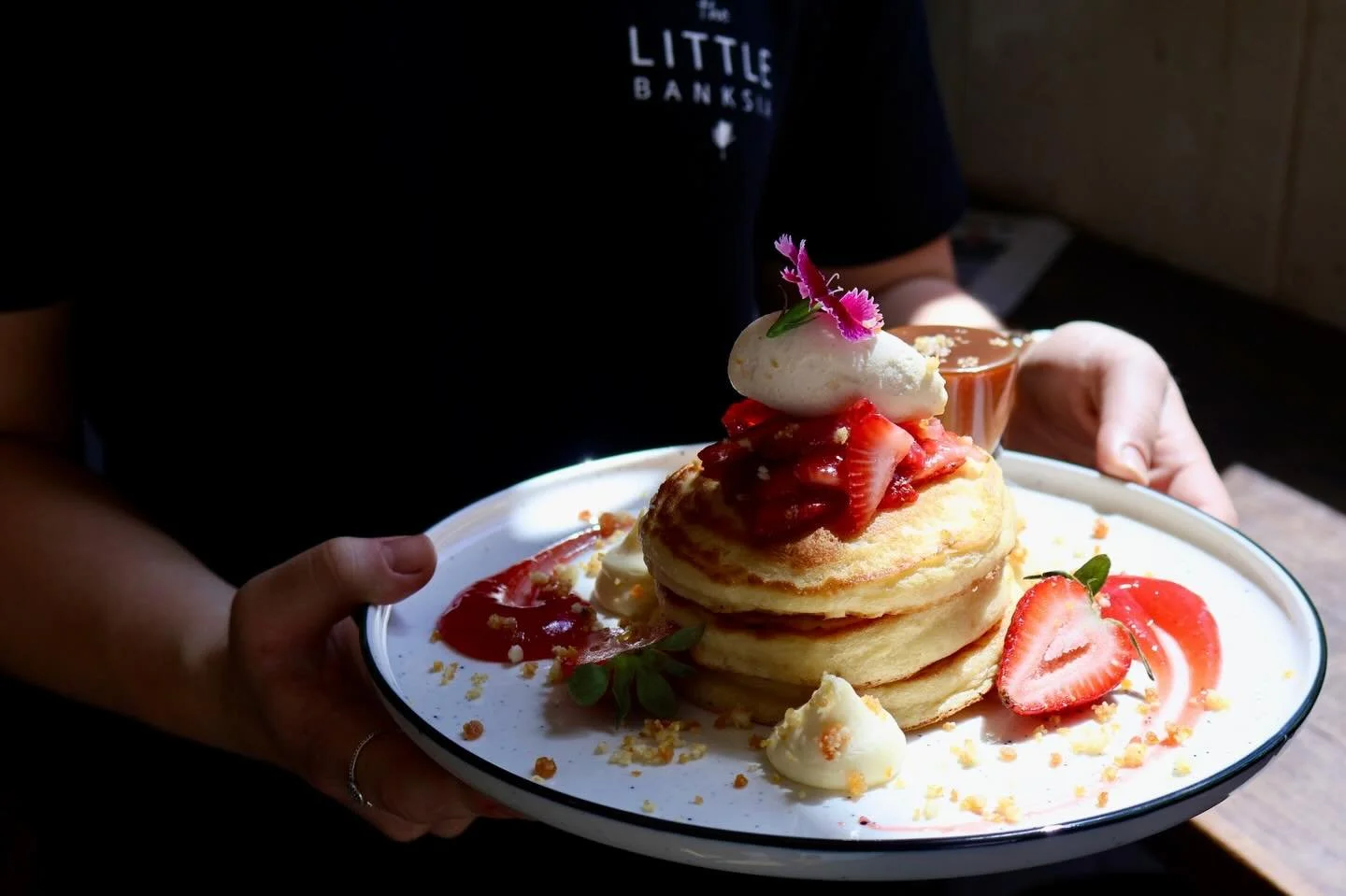 BUTTERMILK PANCAKES macerated strawberry, elderflower &amp; cr&egrave;me fraiche parfait, macadamia praline, vanilla cream, strawberry gel, salted caramel.
.
.
.
.
.
#thelittlebanksia #perthcafe #perthfoodie #pancakes #breakfastinperth