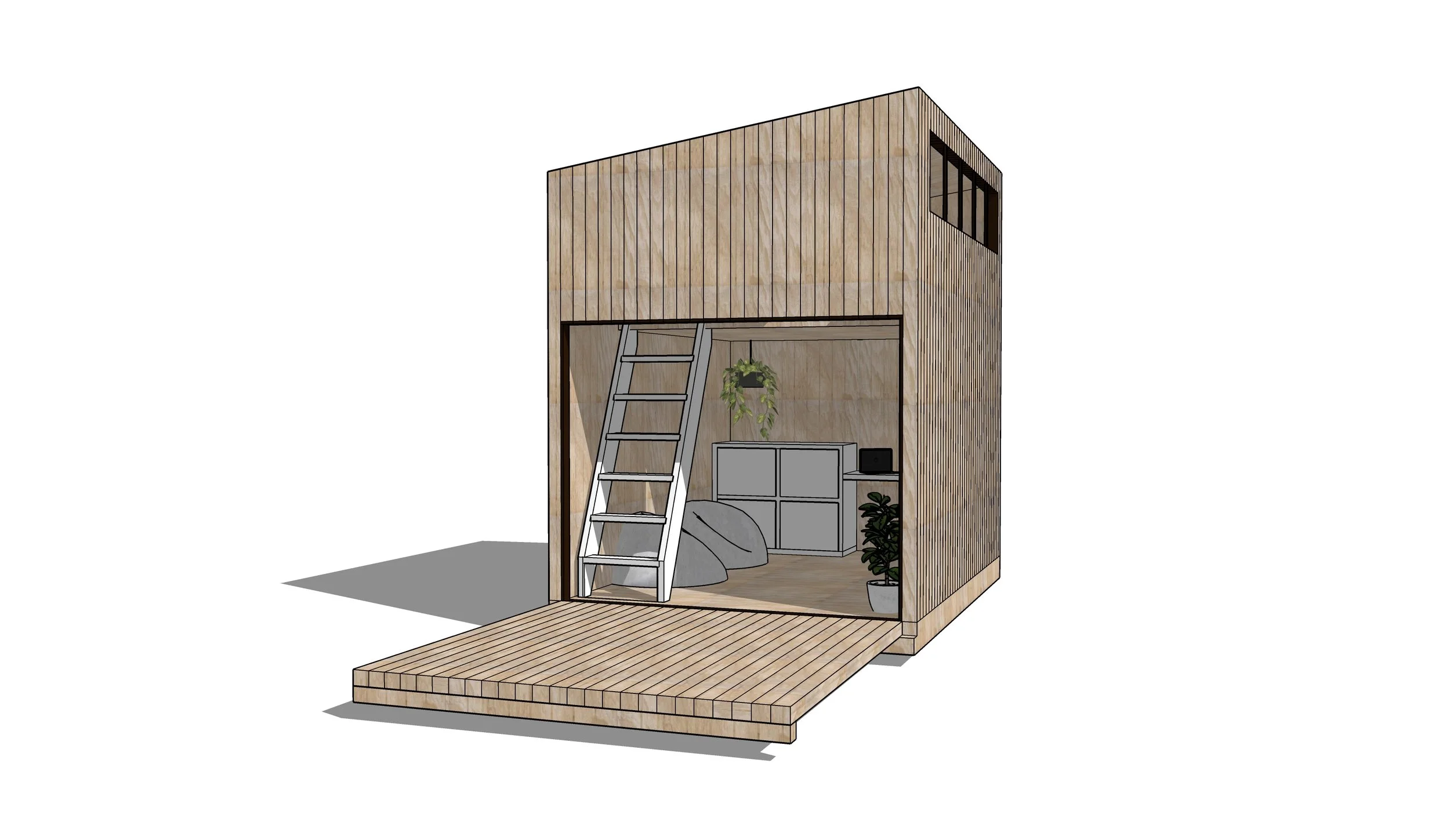 03. MEZZANINE STUDIO With my younger 11 year old brother in mind, I have varied the concept to become the dream room of any child, where they have their own dedicated space being detached from the family home. The entrance door/deck height is slightly lower than the other two variations, creating privacy for the sleeping space on the mezzanine floor above. 
