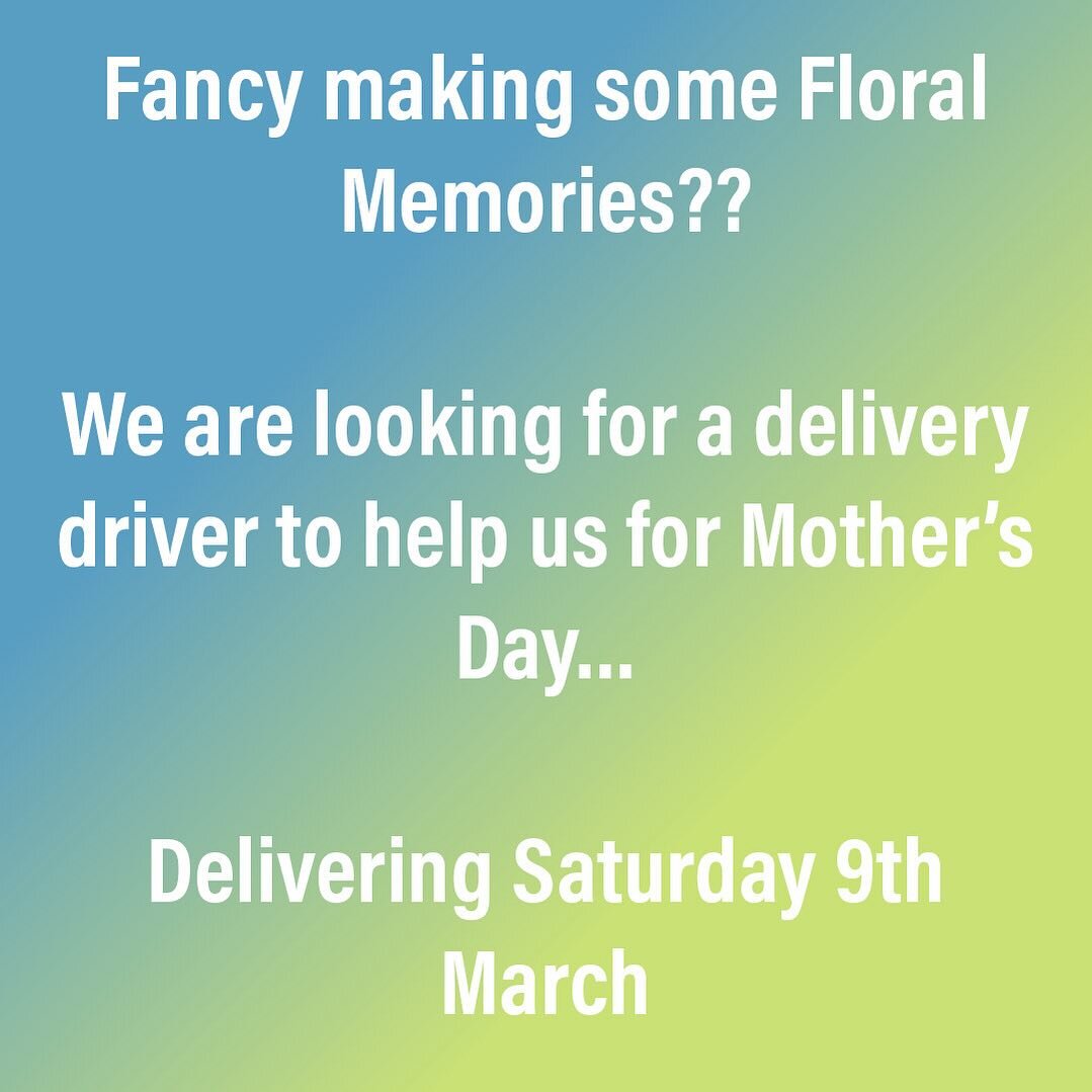 Join our small team for the day and help spread floral happiness across the area for Mother&rsquo;s Day. 🌻🌷🌸

We will be out and about all day on Saturday 9th delivering our beautiful bouquets to lucky Mums in time for Mother&rsquo;s Day.

Email d