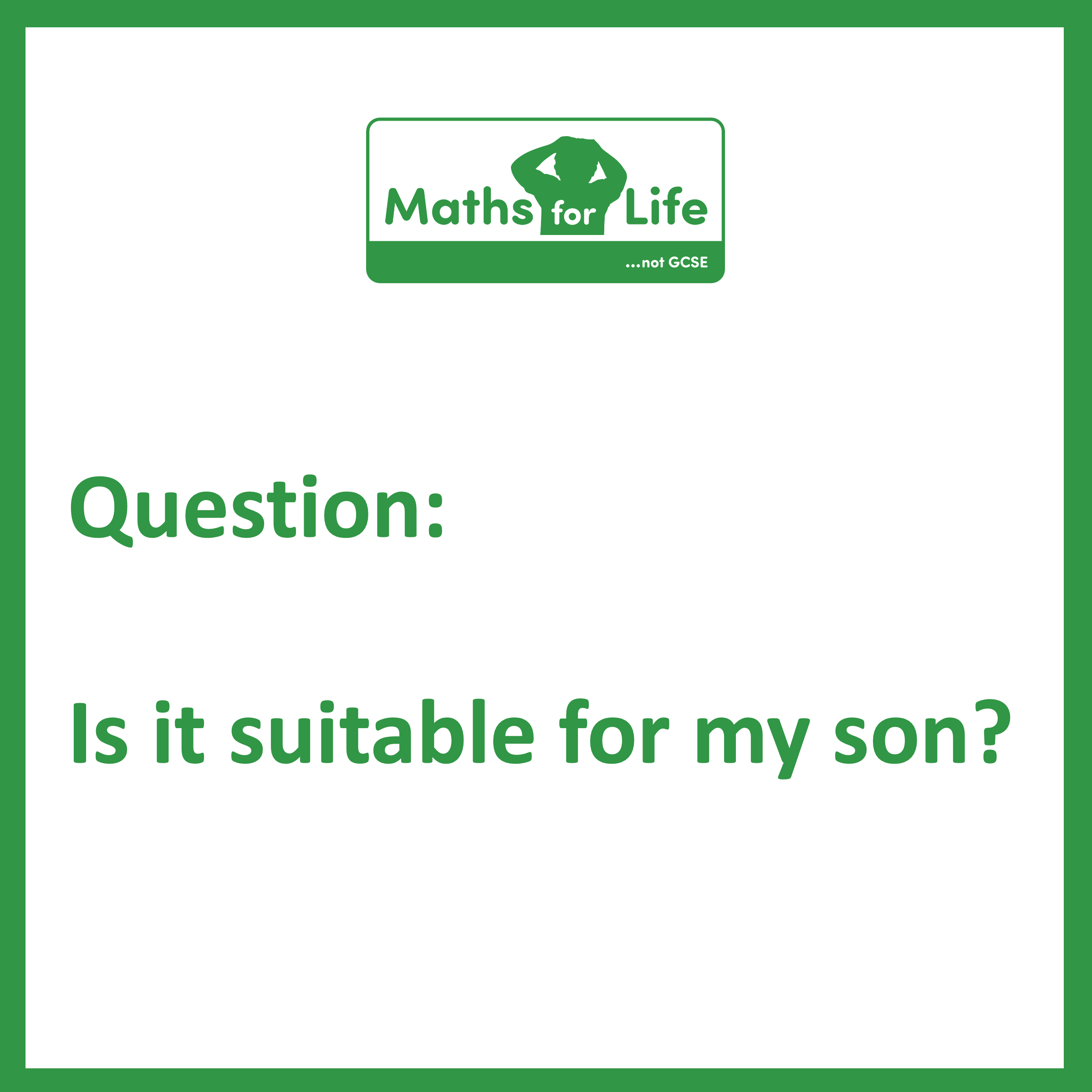      

 
    Question:  I am keen to learn a bit more about your maths book.  I don't want to buy if it is not suitable.  My son has Downs syndrome.  He is 8 years old.  He can count and add using Numicon.  How far does this book go?  Does it cover m