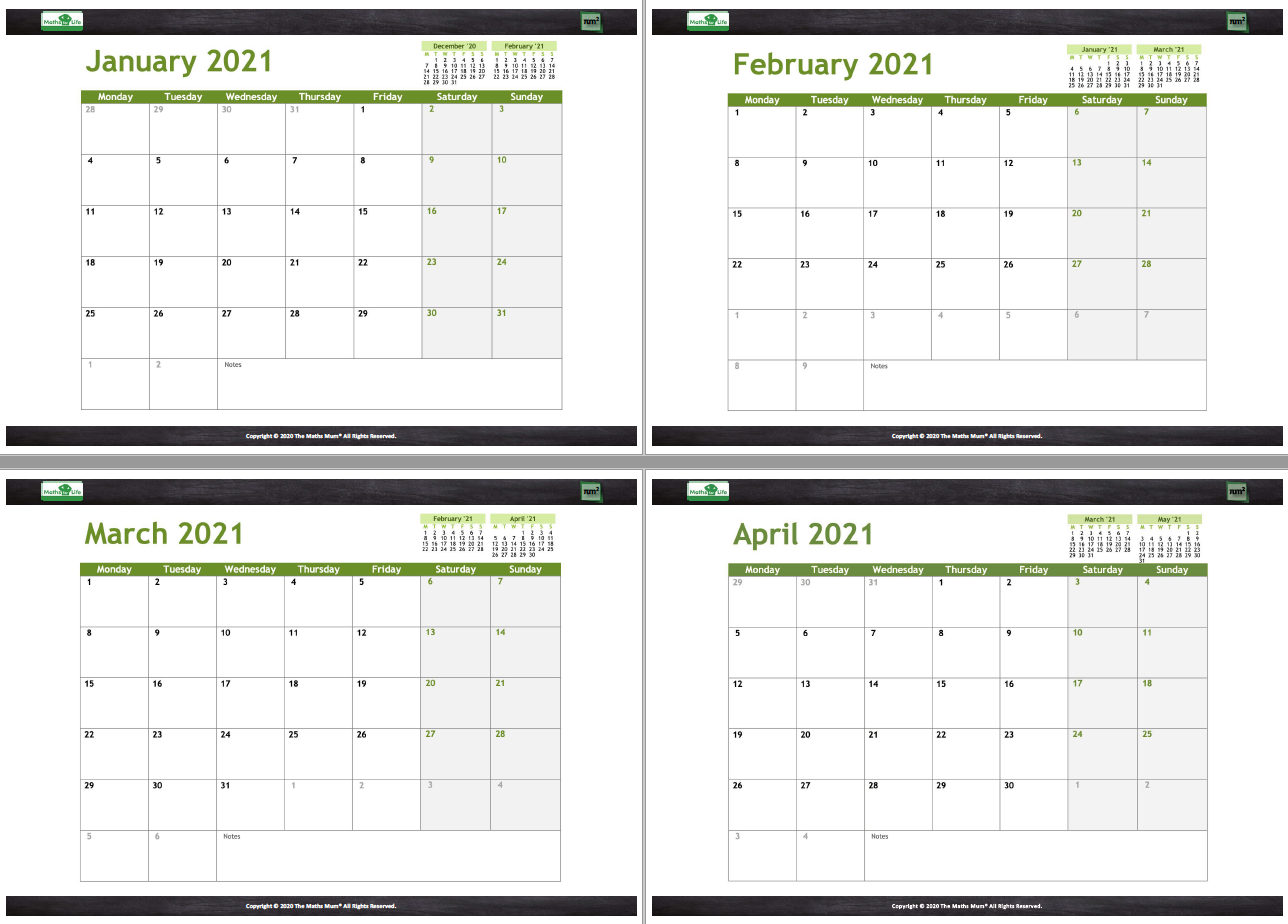 The Maths Mum® - 2021 Monthly Calendar Version 2