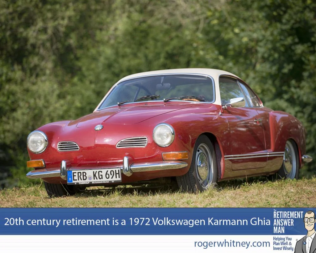 The old misconceptions about retirement are like a 1972 Volkswagen Karmann Ghia, uncomfortable, unreliable, and unsafe. Time to force them off the road. Bad KAnig, Germany - July 13, 2013:A red Volkswagen Karmann Ghia from 1969 sits in a meadow. The car was manufactured by Volkswagen from 1955-1974. Volkswagen Group is a German automobile manufacturing group based in Wolfsburg, Germany and founded in 1937.