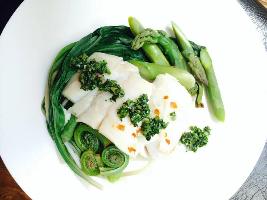 Steamed Fish with Wild Celery Pesto and Fiddleheads.jpg