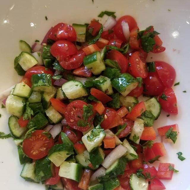 Easy dinner for 2. Baked chicken with vegetables, summer salad.
 I prefer using a skillet as opposed to a sheet pan for one pan dinners because the juices don't evaporate making a more moist end product.  For larger amounts it does not work but for 2