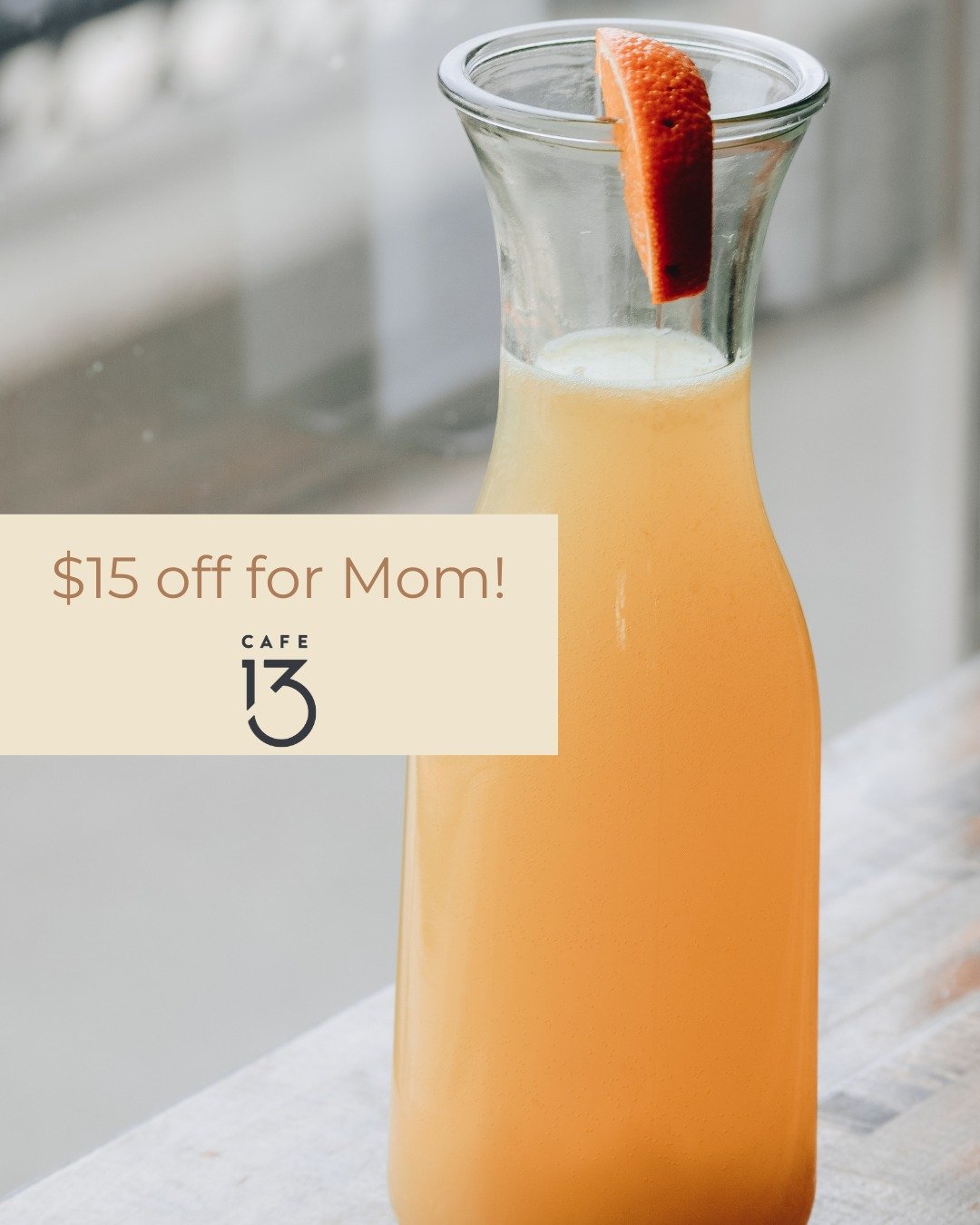Today only! $15 off Mimosa pitchers for Moms! Show us a photo of you with your kids at the counter to get your discount. Happy Mother's Day! 

#MothersDay #MothersDay2024 #Mimosas #Cafe13 #CelebrateMom