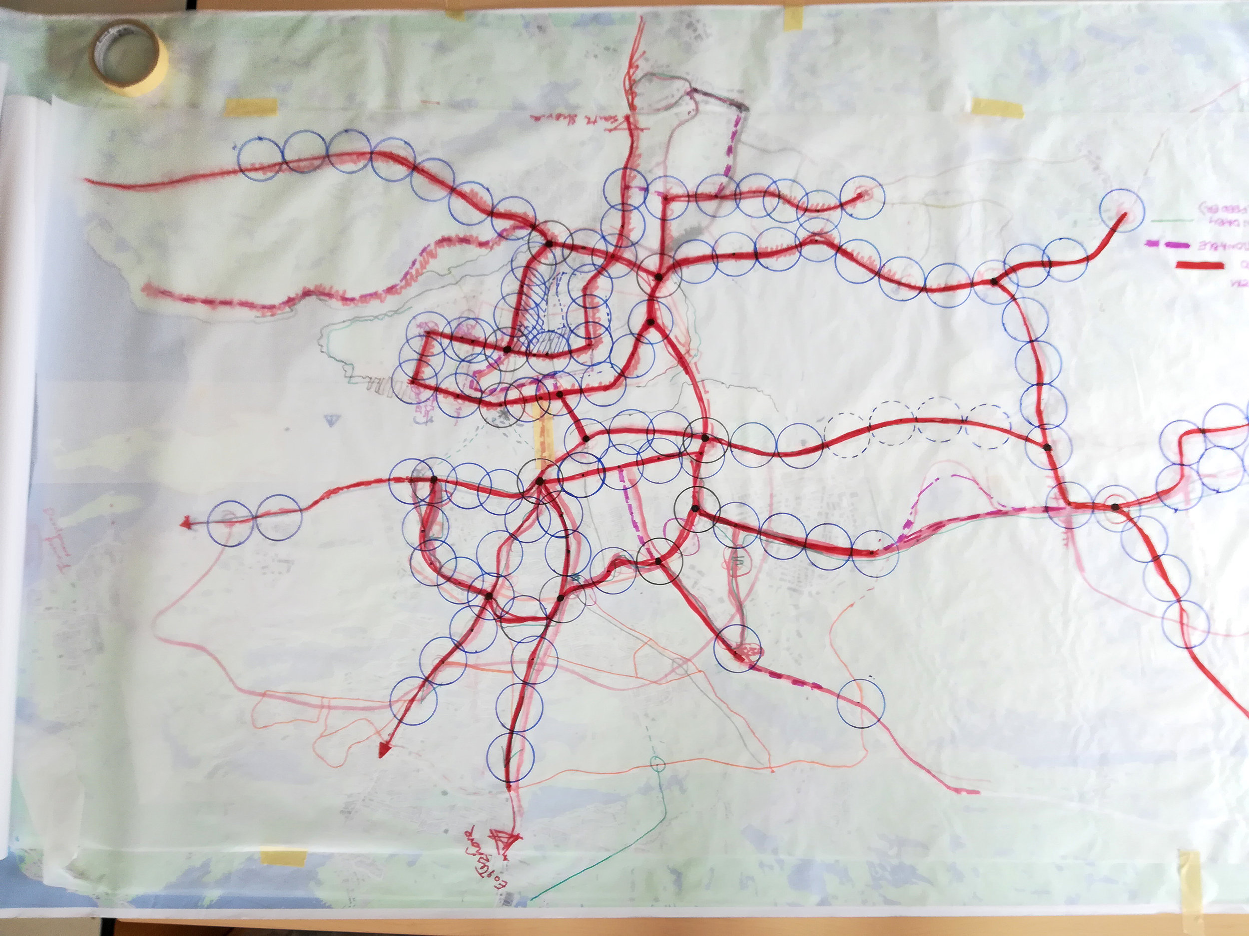 Preliminary transit route sketches showing catchment areas.