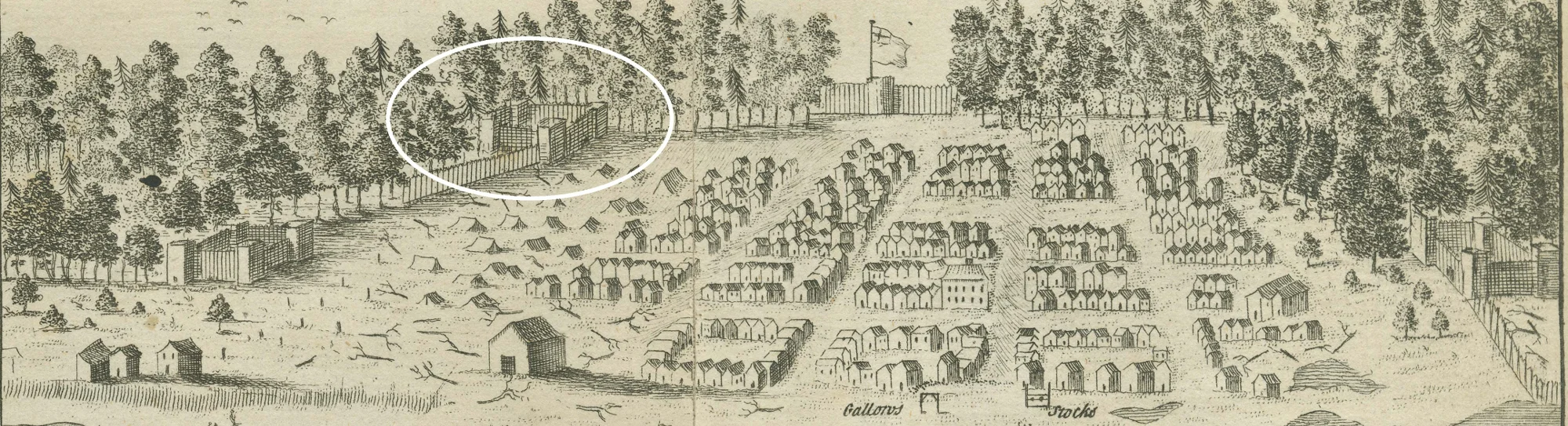 A view of Halifax drawn during the town’s first few months and published in 1750. The wooden town wall is partly complete, and the perimeter fort at the later site of RA Park is circled. NOVA SCOTIA ARCHIVES