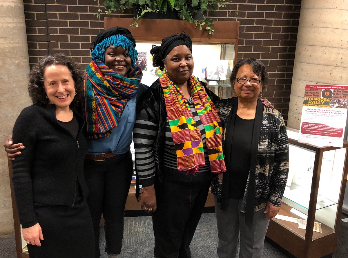 Dr. Val Marie Johnson (at left), Chair of SMU’s Department of Social Justice & Community Studies, organized the panel event and exhibit along with SMU Archivist Hansel Cooke. Beside her are panellists Francesca Ekwuyasi, Dr. Lynn Jones and Regina James.