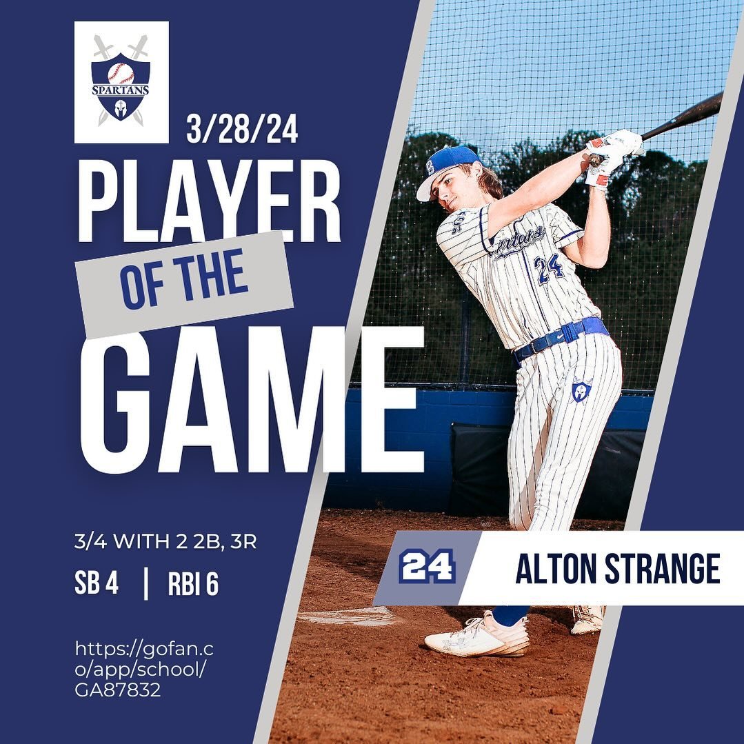 Congratulations to our 3/28 (Game 2) player of the game, Alton Strange! Alton hit 3/4 with 3 runs. He had 6 RBIs, 2 doubles, and 4 stolen bases in the Spartans 16-0 victory over Johnson Ferry! 
#spartans #baseball #mvp #senior