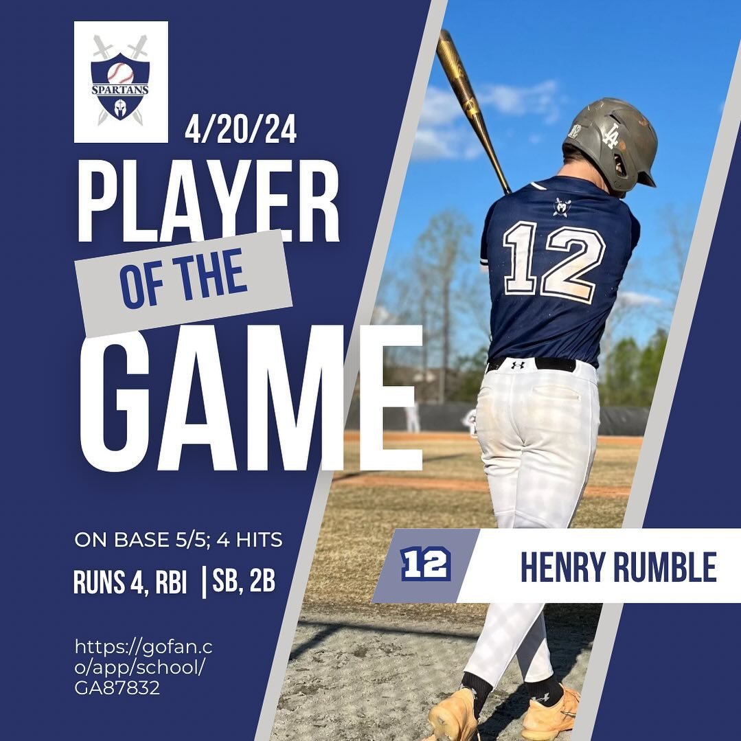 Congratulations to our 4/20 player of the game, Henry Rumble! Henry hit 5/5 with one double. He had one RBI and a stolen base in the Spartans 14-5 victory over Creekside! 
#spartans #baseball #mvp