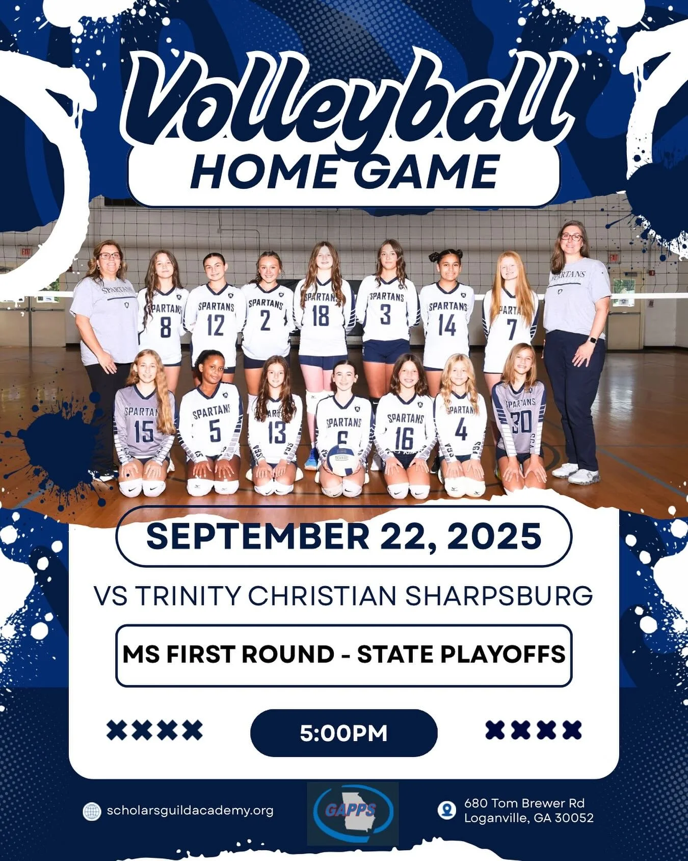 TODAY! Come cheer for your Middle School volleyball team as they host Trinity Christian Sharpsburg in the first round of state playoffs! SGA students and staff, use the codes texted to you to get in free! #spartans #volleyball #stateplayoffs #firstro