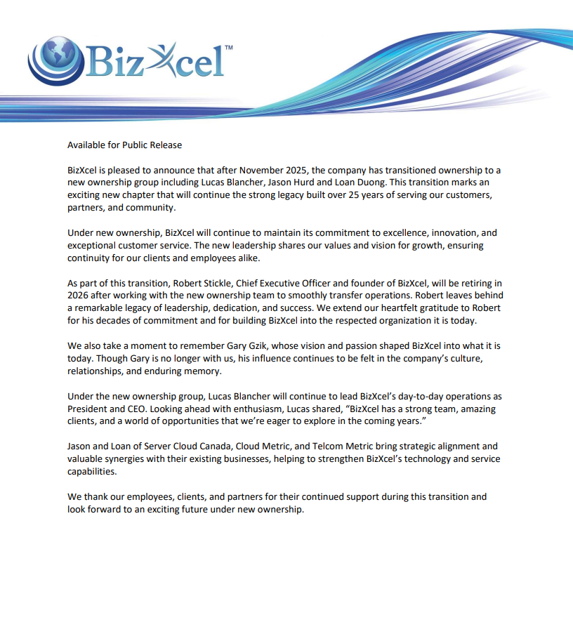BizXcel Announces Transition Of Ownership