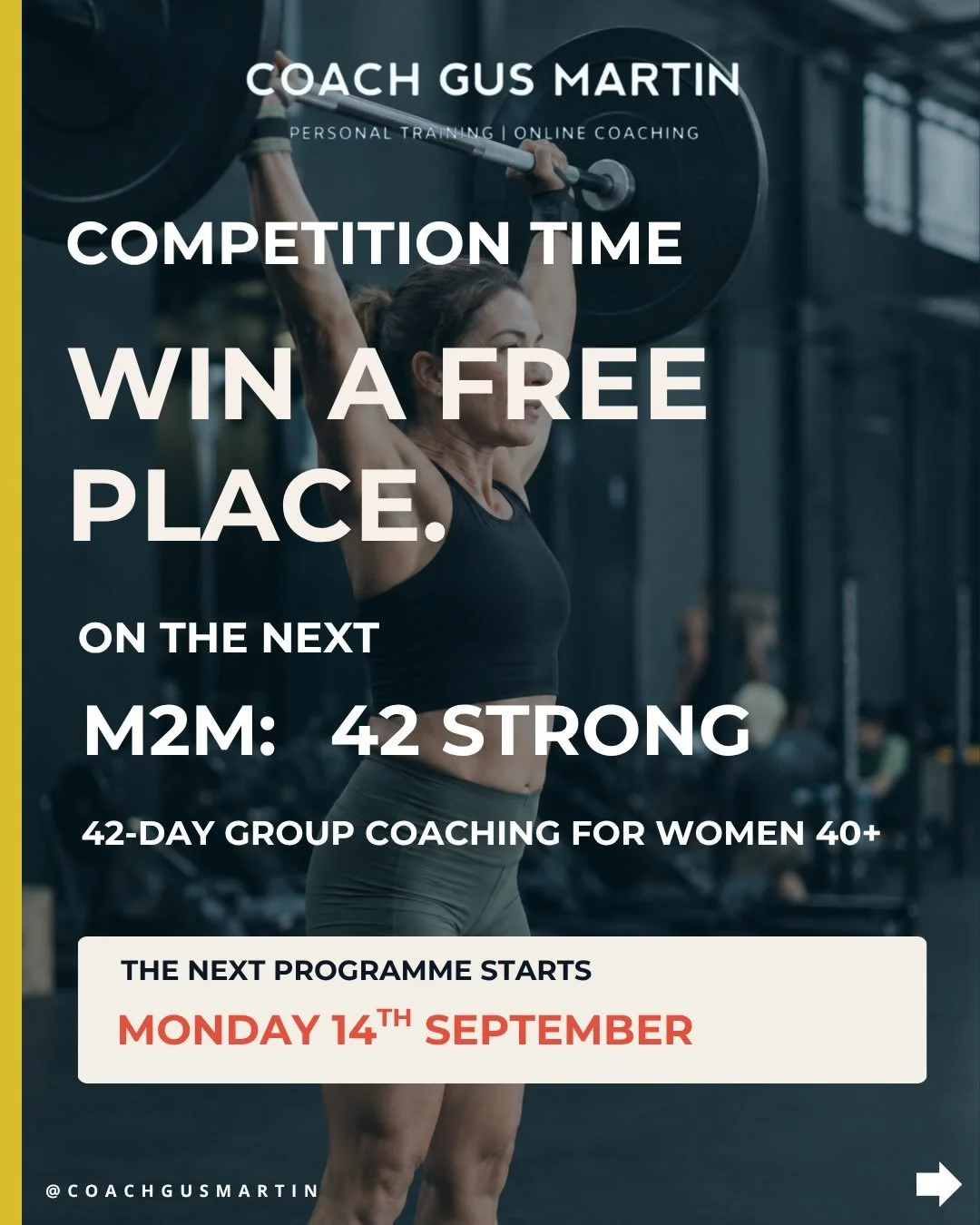 Women&hellip; this one&rsquo;s for you.

I&rsquo;m giving away a FREE place on the next M2M: 42 STRONG programme, starting Monday 14th September.

If looking after yourself has gradually slipped further down the list and you&rsquo;re ready to stop st