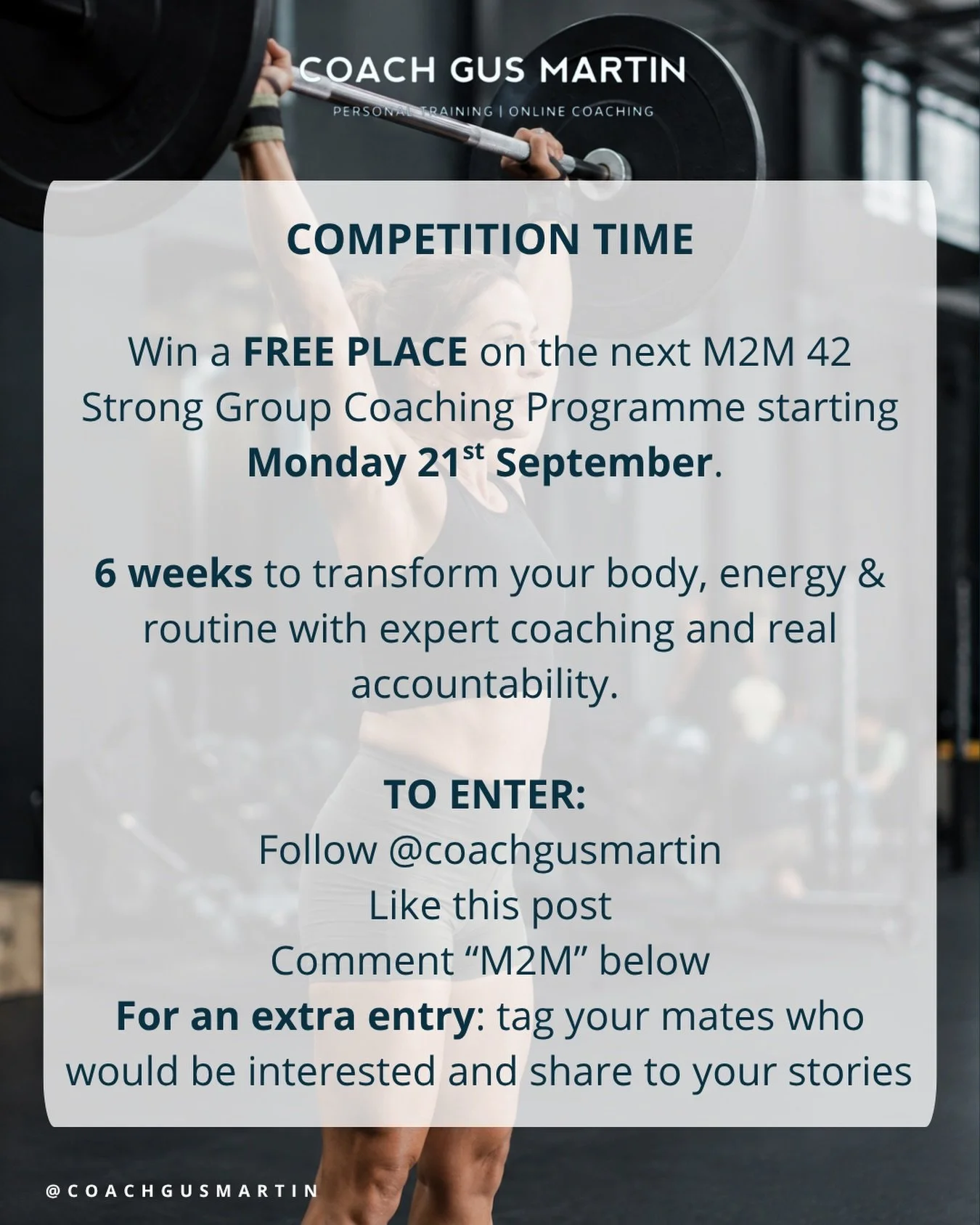 Women&hellip; this one&rsquo;s for you.

I&rsquo;m giving away a FREE place on the next M2M: 42 STRONG programme, starting Monday 21st September.

If looking after yourself has gradually slipped further down the list and you&rsquo;re ready to stop st