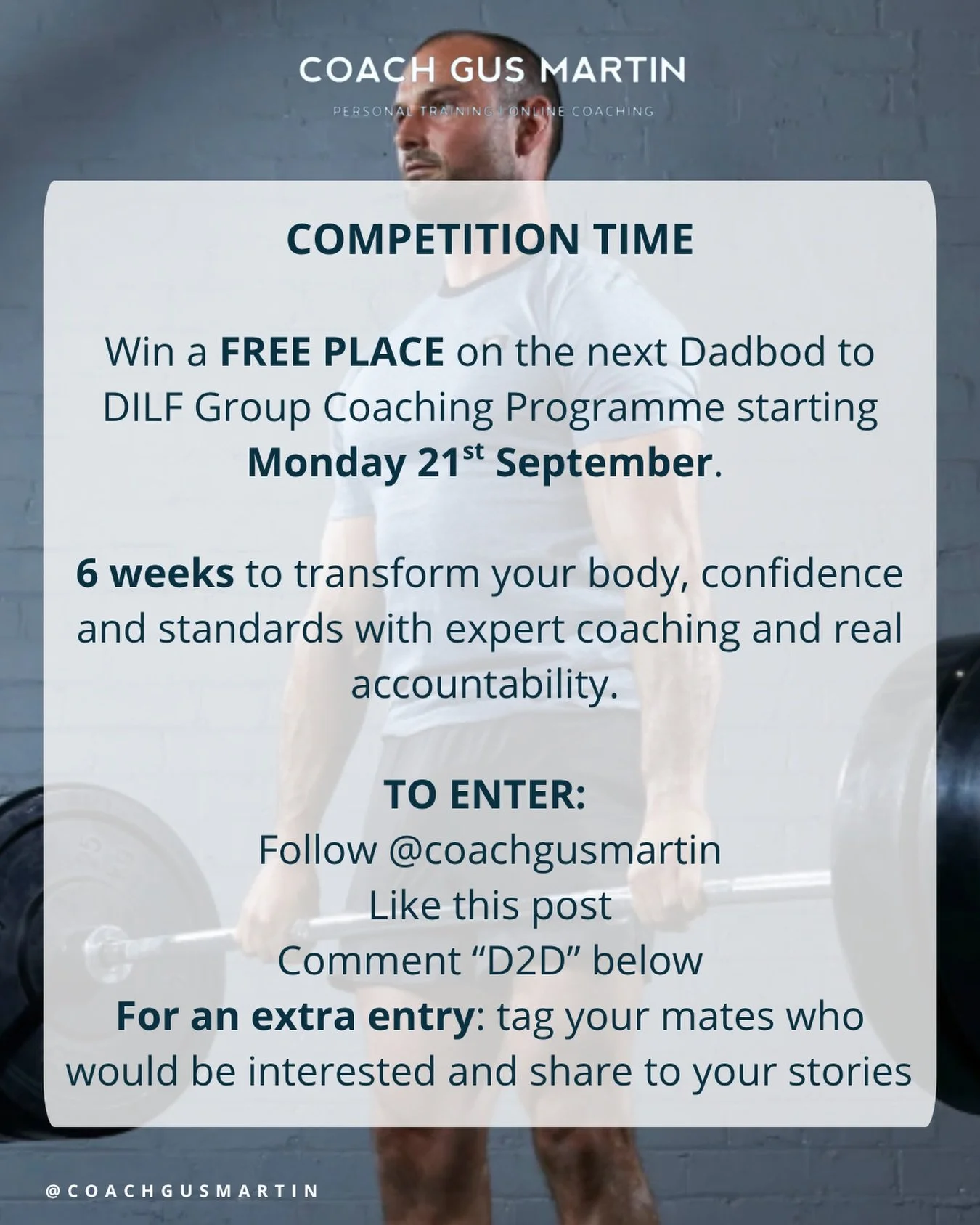 Dads&hellip; this one&rsquo;s for you.

I&rsquo;m giving away a FREE place on the next Dadbod &rarr; DILF Programme, starting Monday 21st September.

If you&rsquo;ve been saying, &ldquo;I&rsquo;ll start Monday&rdquo; for the past six months, this is 