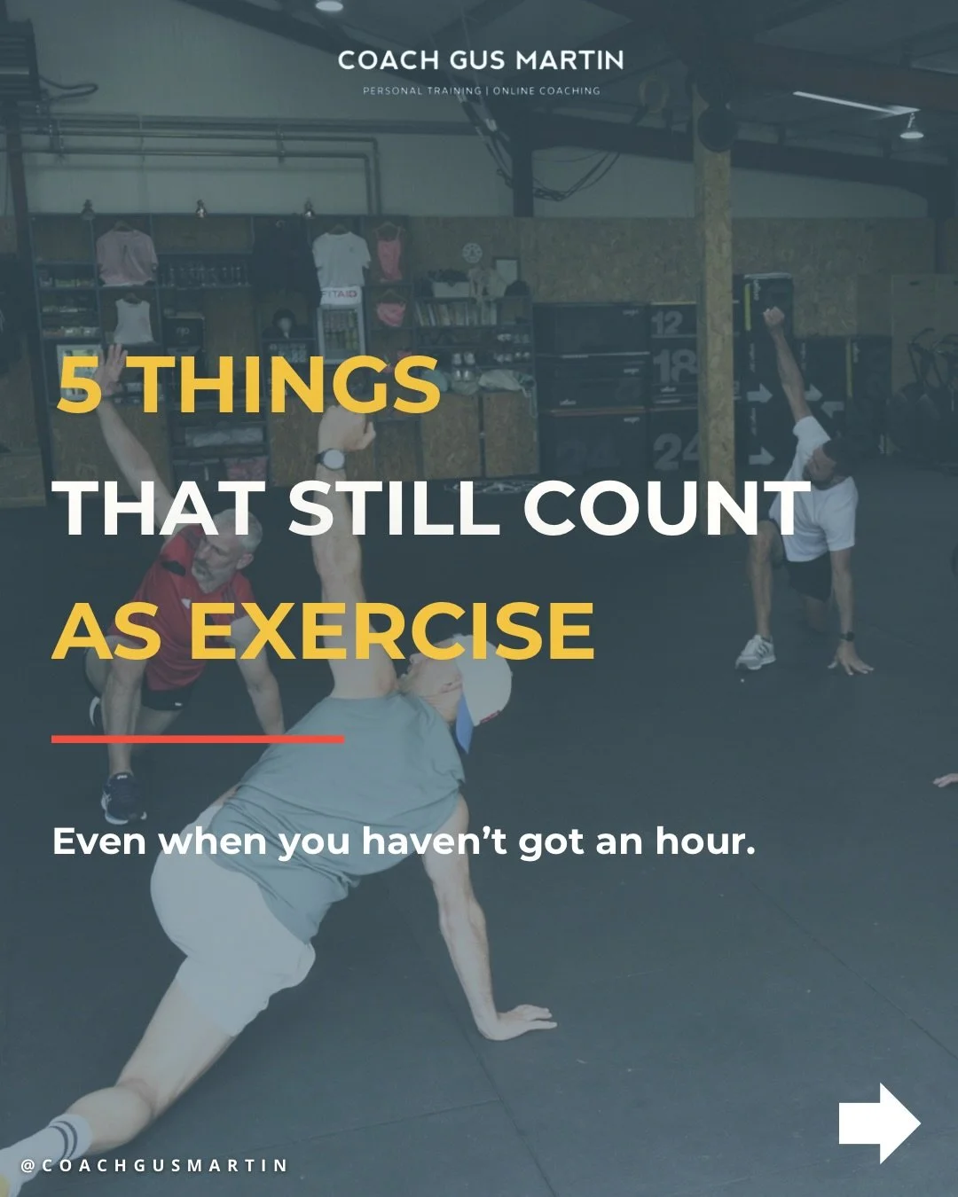 Exercise doesn&rsquo;t only count when it leaves you crawling out of the gym.

A decent walk counts.

A 15-minute hotel workout counts.

Resistance bands count.

Swimming counts.

A quick, focused gym session counts.

Too many people do nothing becau