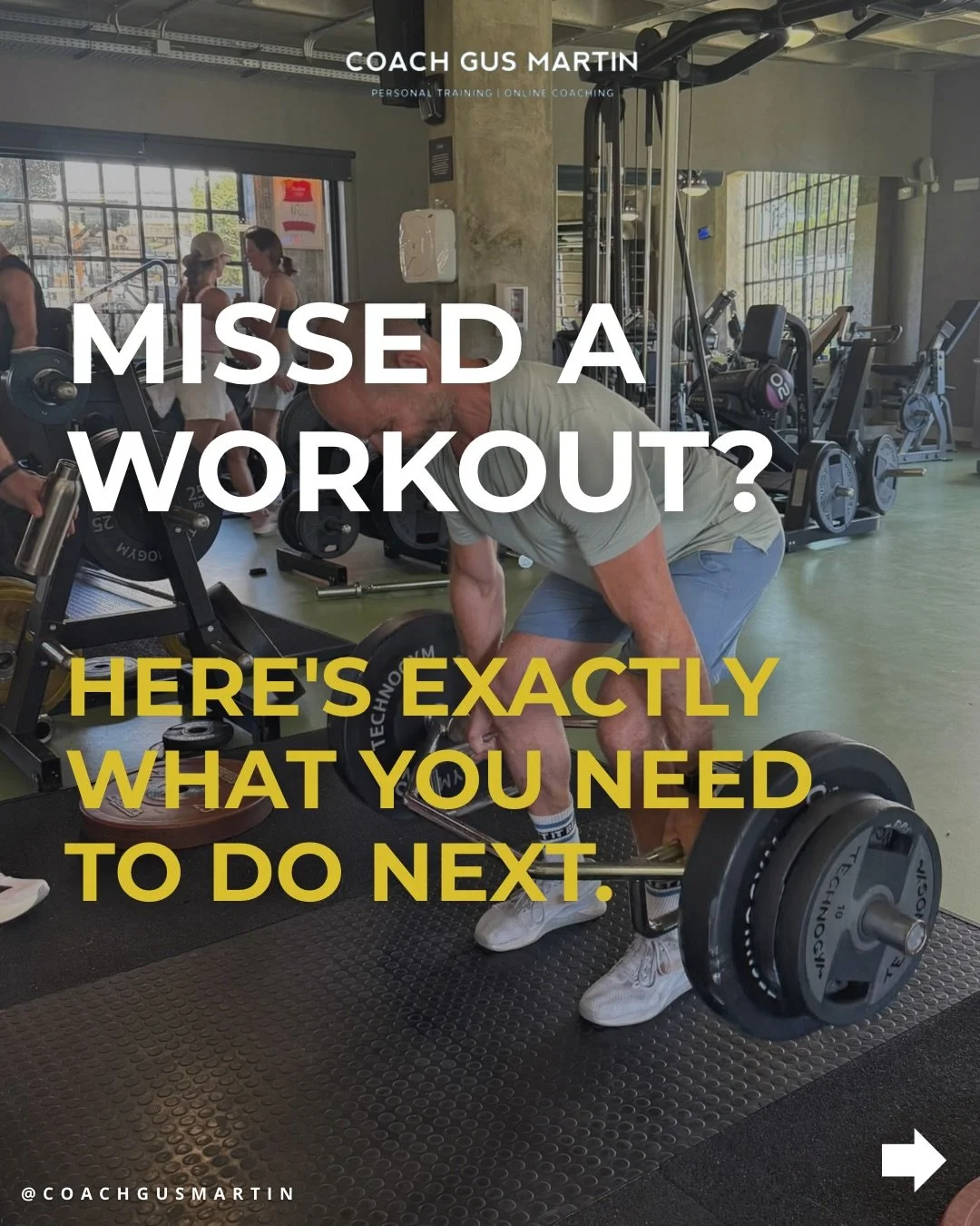 MISSED A WORKOUT? SO WHAT. 

Life happens. Work gets in the way. Kids need sorting. Sometimes you just can&rsquo;t be arsed.

And that&rsquo;s fine.

One missed workout isn&rsquo;t going to undo all your progress.

You don&rsquo;t need to punish your
