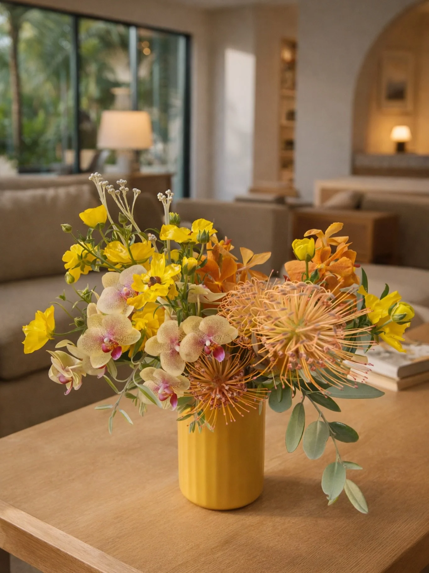 Golden hour, bottled.

A study in warmth, texture, and California light.
Pincushion protea meeting buttery ranunculus, soft phalaenopsis orchids layered with mokara , designed to feel like late afternoon in a modern home.

Not loud.
Not dramatic.
Jus