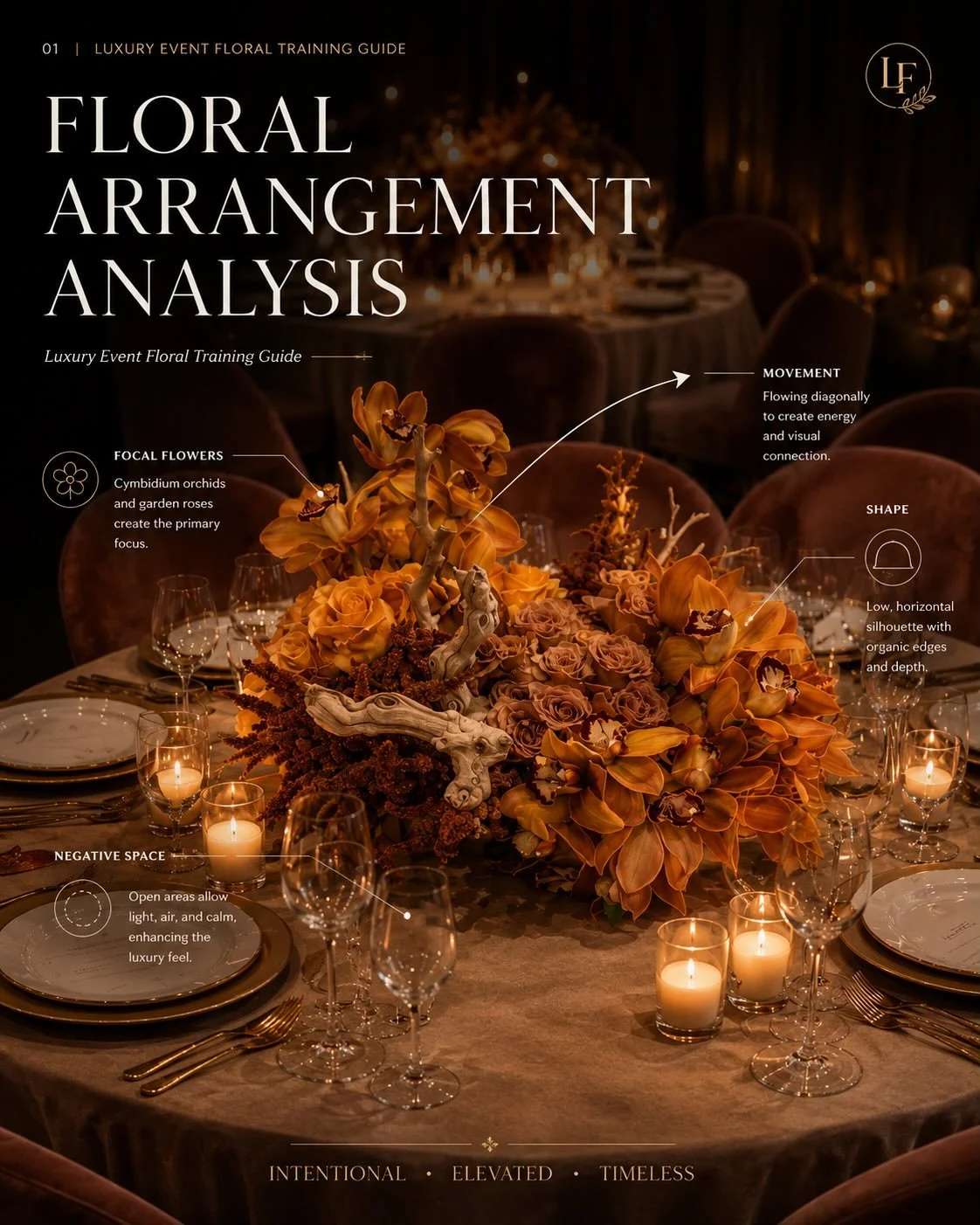 This concept was built around warm amber tones, layered textures, candlelight intimacy, and sculptural movement to create an elevated dining experience.

For our team, floral analysis guides like this help translate creative direction into a visual w