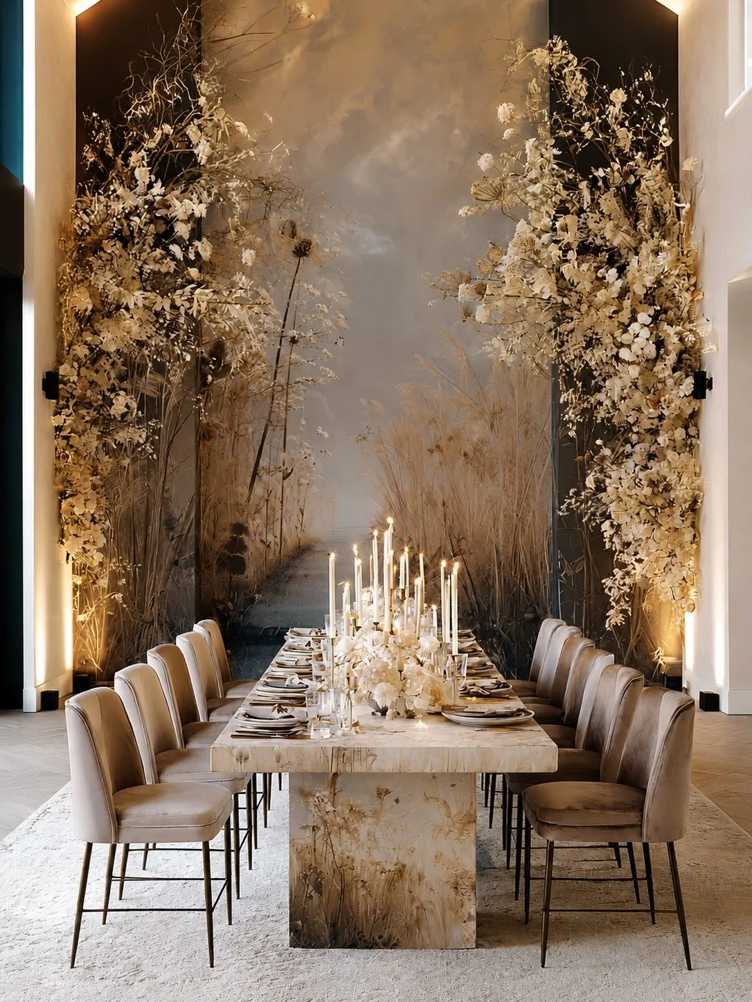 Inspired by fading meadows, hand-painted murals, and sculptural botanicals, this concept embraces understated elegance through texture, light, and atmosphere.

Soft neutrals, dramatic paper floral installations .