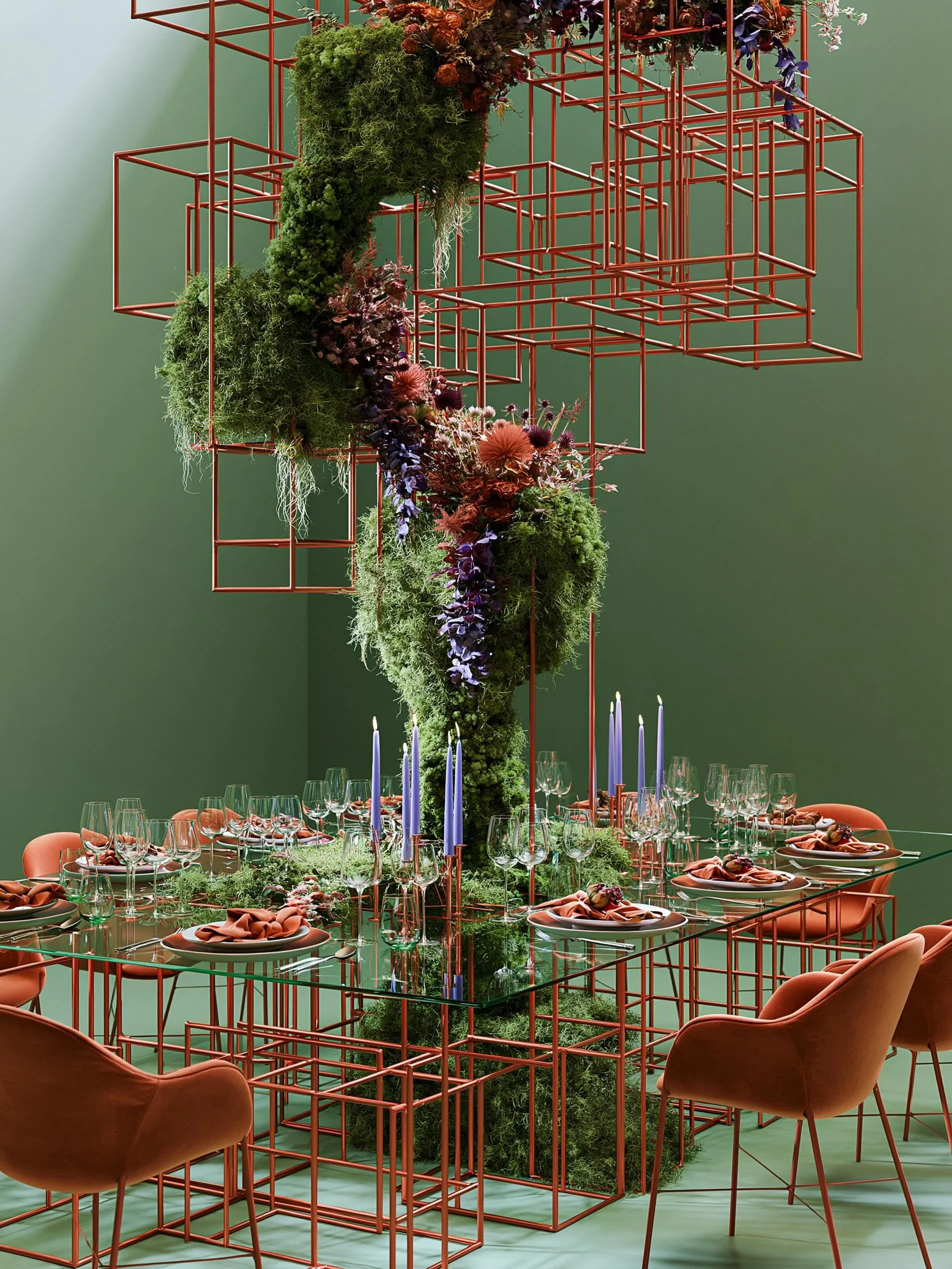 What I would improve

The centerpiece is competing with dining.

The central moss column is visually powerful, but:

* Guests across from each other may struggle to make eye contact.
* Servers may have difficulty reaching the center.
* The design fee
