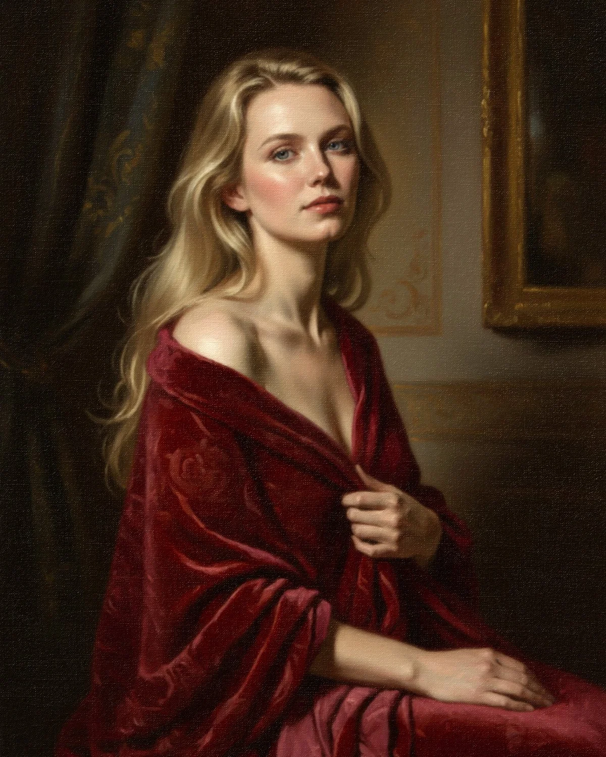 “Painterly portrait of a woman in a deep red velvet wrap, seated in a softly lit classical interior, created in the signature style of Portrait Alchemy.”